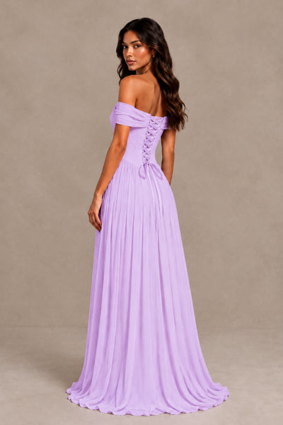 BOLODOO Lilac Off-Shoulder Sweetheart Corset Pleated Chiffon Maxi Dress 
