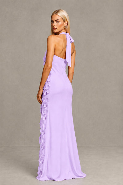 BOLODOO Lilac Cross Halter Neck 3D Floral Appliqué Backless Mermaid Maxi Gown 