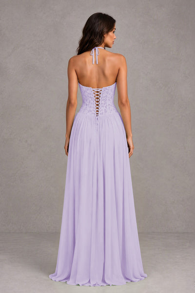 BOLODOO Lilac Lace Corset Halter Maxi Gown – Backless A-Line Formal Dress 