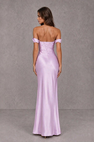 BOLODOO Lilac Off-the-Shoulder Satin-Look Bridesmaid Dress, Floor-Length Evening Gown 