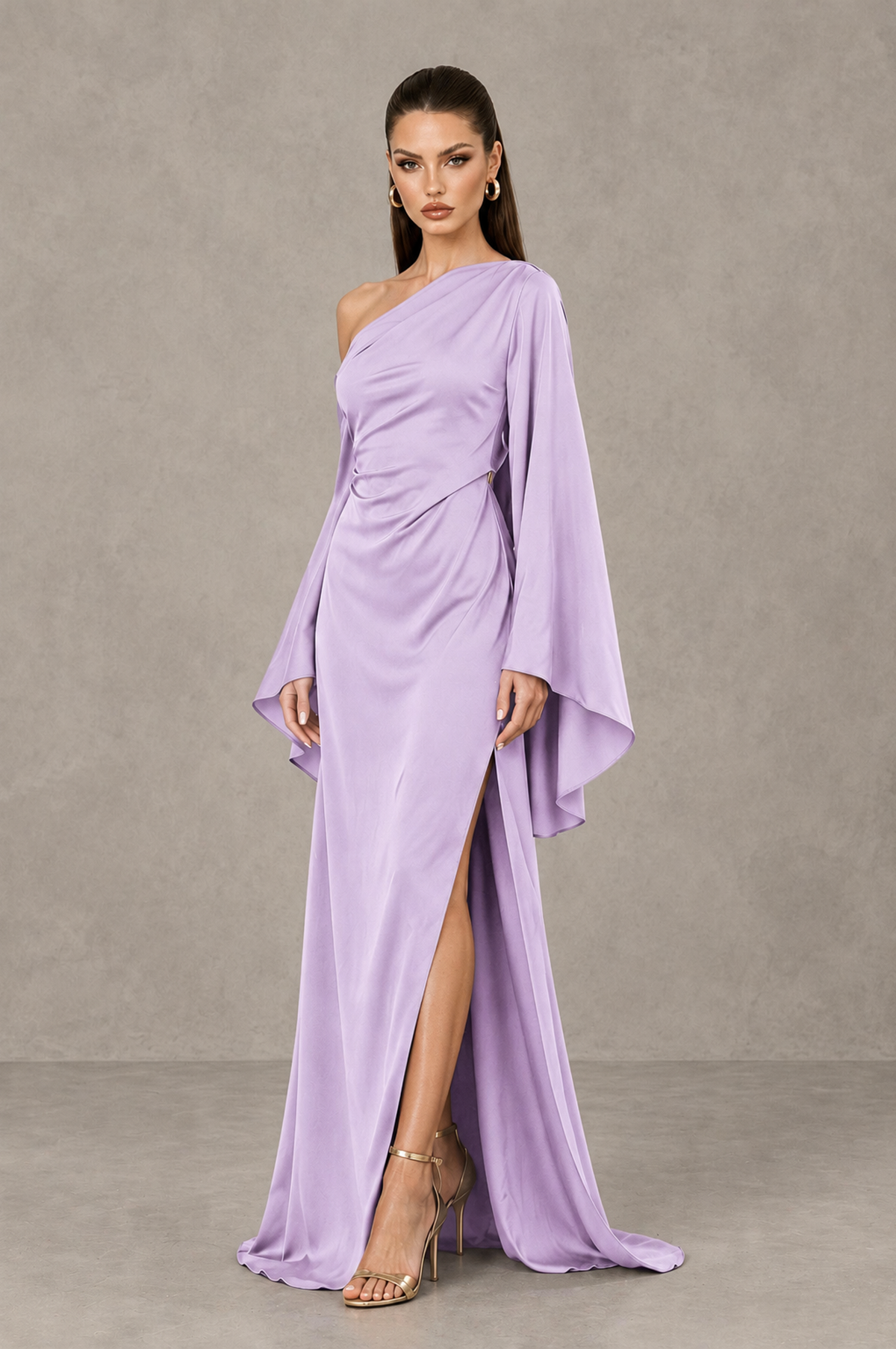 BOLODOO QQ097 lilac floor-length gown, three-quarter front view showing ruched waist