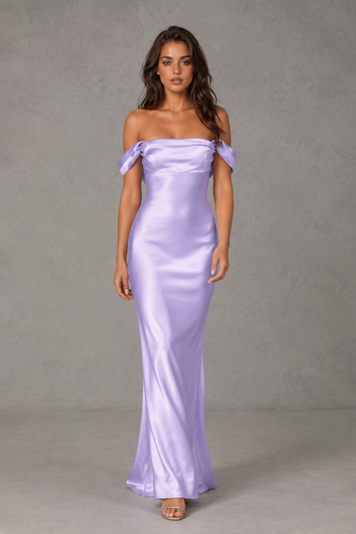 Full-length front view of the lilac satin-look BOLODOO bridesmaid gown
