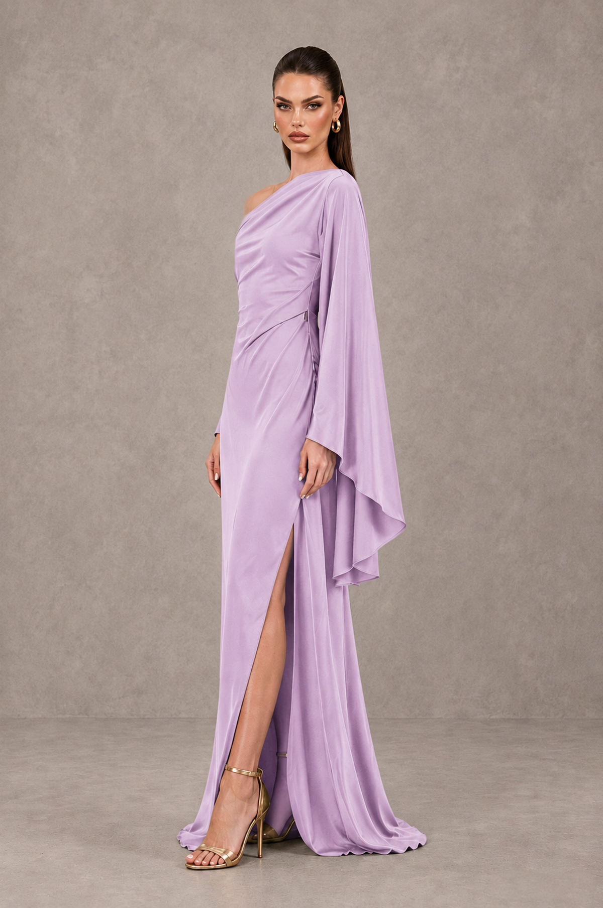 BOLODOO QQ097 lilac cape-sleeve gown, side view showing high slit and sweep train