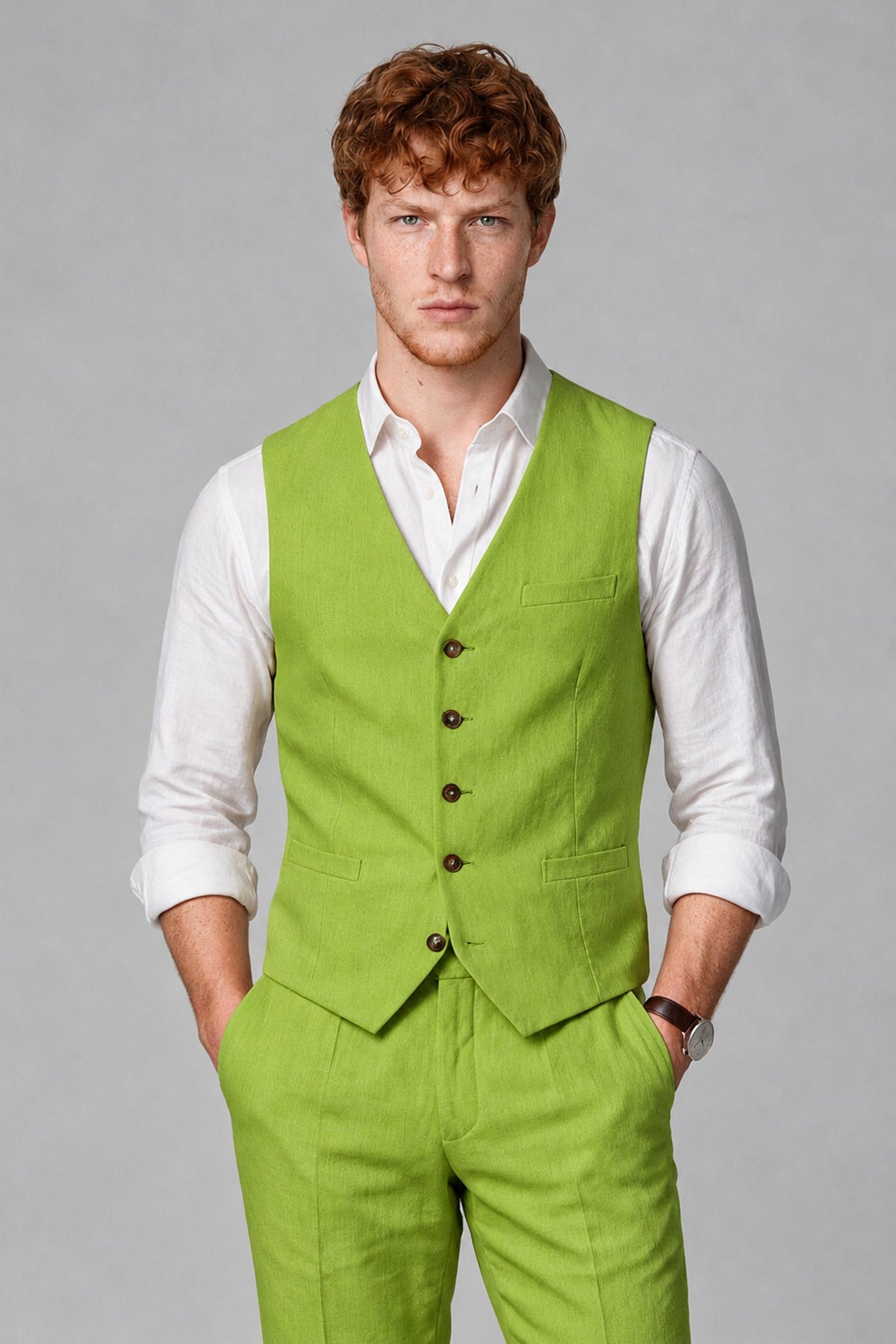 Bolodoo Men's Lime Green 2-Piece Vest and Pants Set with V-Neck Waistcoat - Lime Green - Lime Green_1