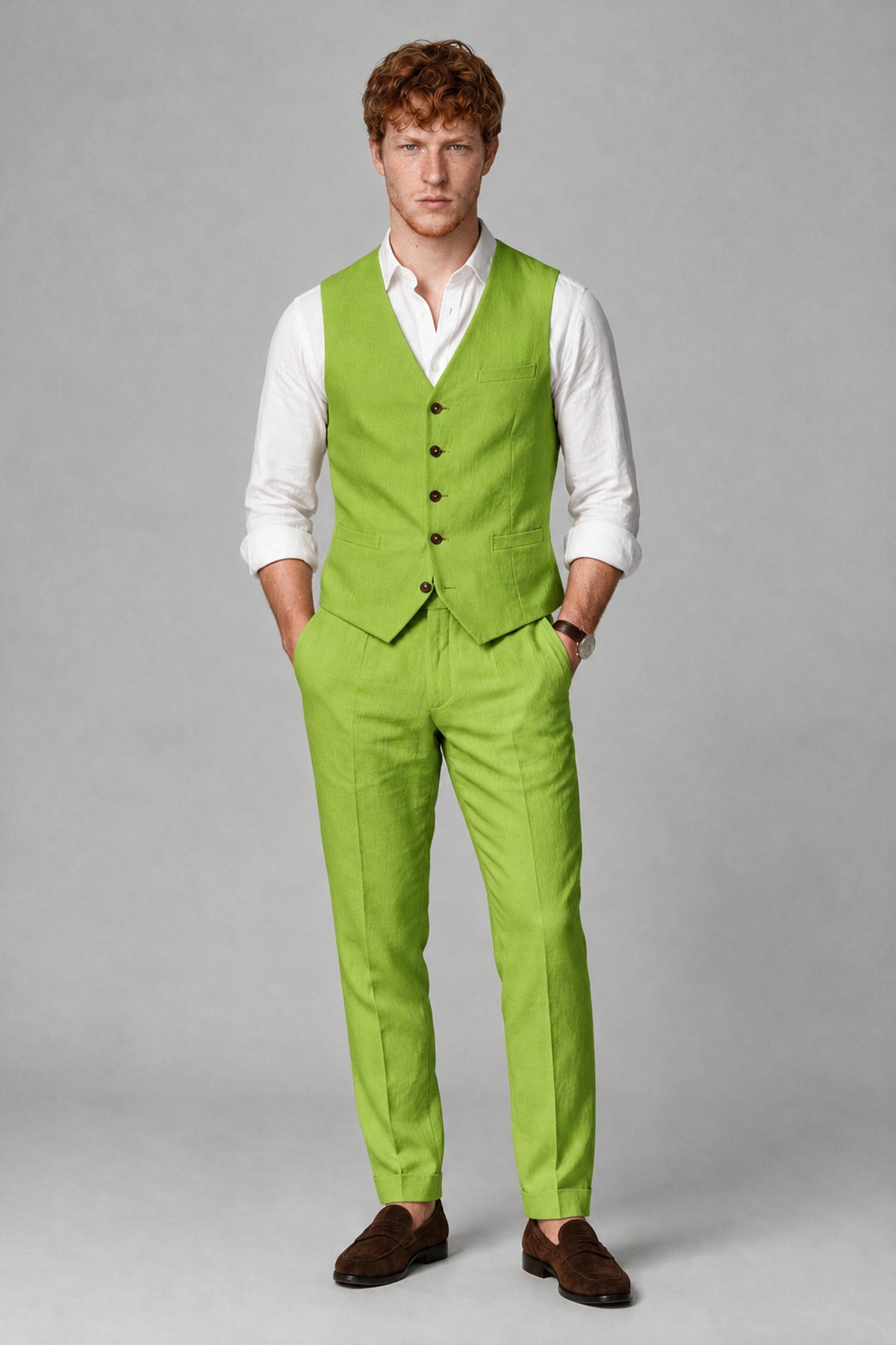 Bolodoo Men's Lime Green 2-Piece Vest and Pants Set with V-Neck Waistcoat - Lime Green - Lime Green_2