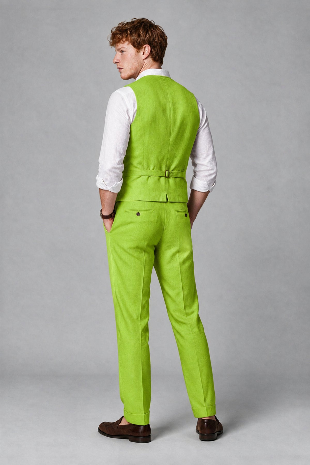 Bolodoo Men's Lime Green 2-Piece Vest and Pants Set with V-Neck Waistcoat - Lime Green - Lime Green_3
