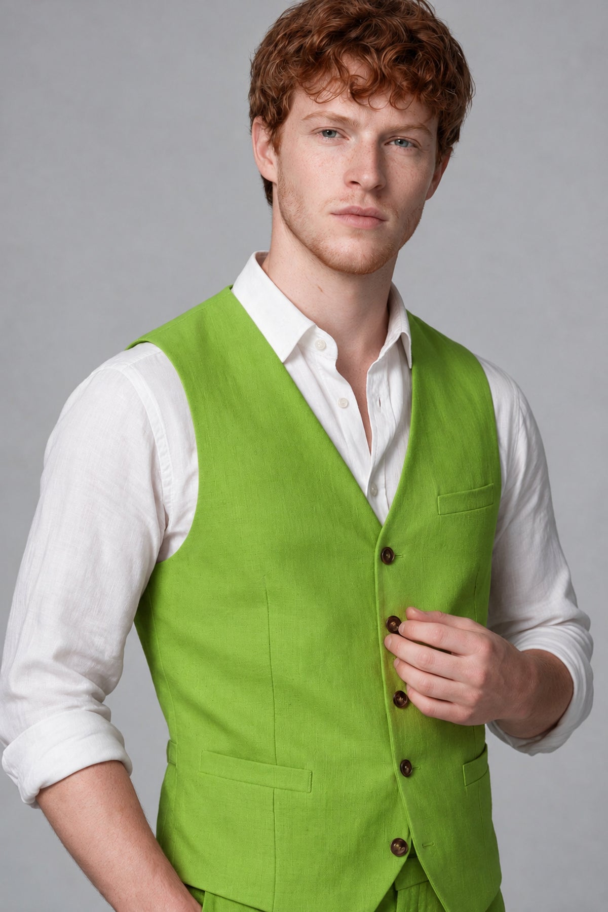 Bolodoo Men's Lime Green 2-Piece Vest and Pants Set with V-Neck Waistcoat - Lime Green - Lime Green_4