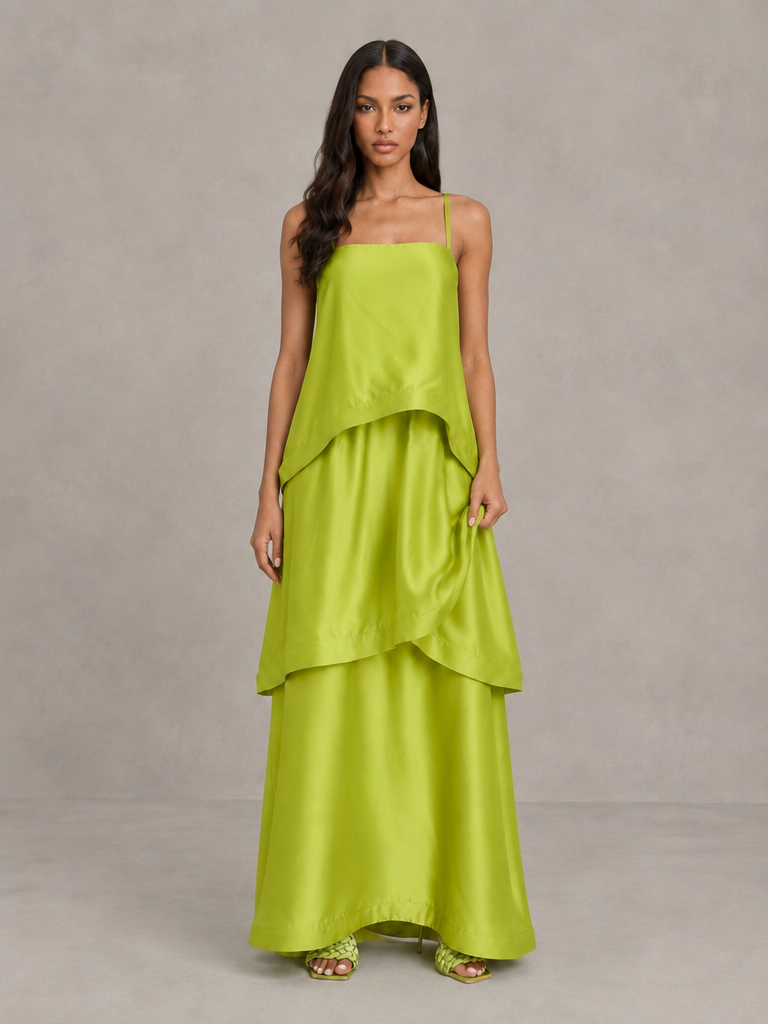 BOLODOO lime green spaghetti-strap maxi dress with open-back detail and tiered floor-length skirt, back view