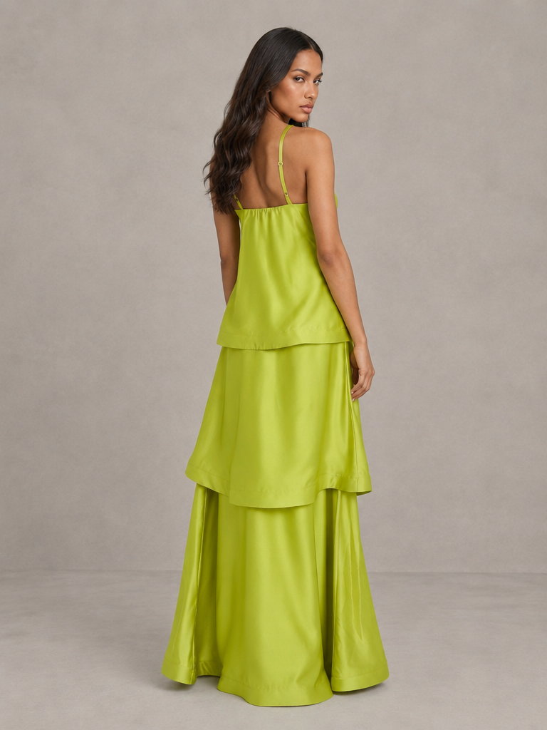 BOLODOO lime green satin-look tiered maxi dress with spaghetti straps, layered skirt, and square neckline, front view