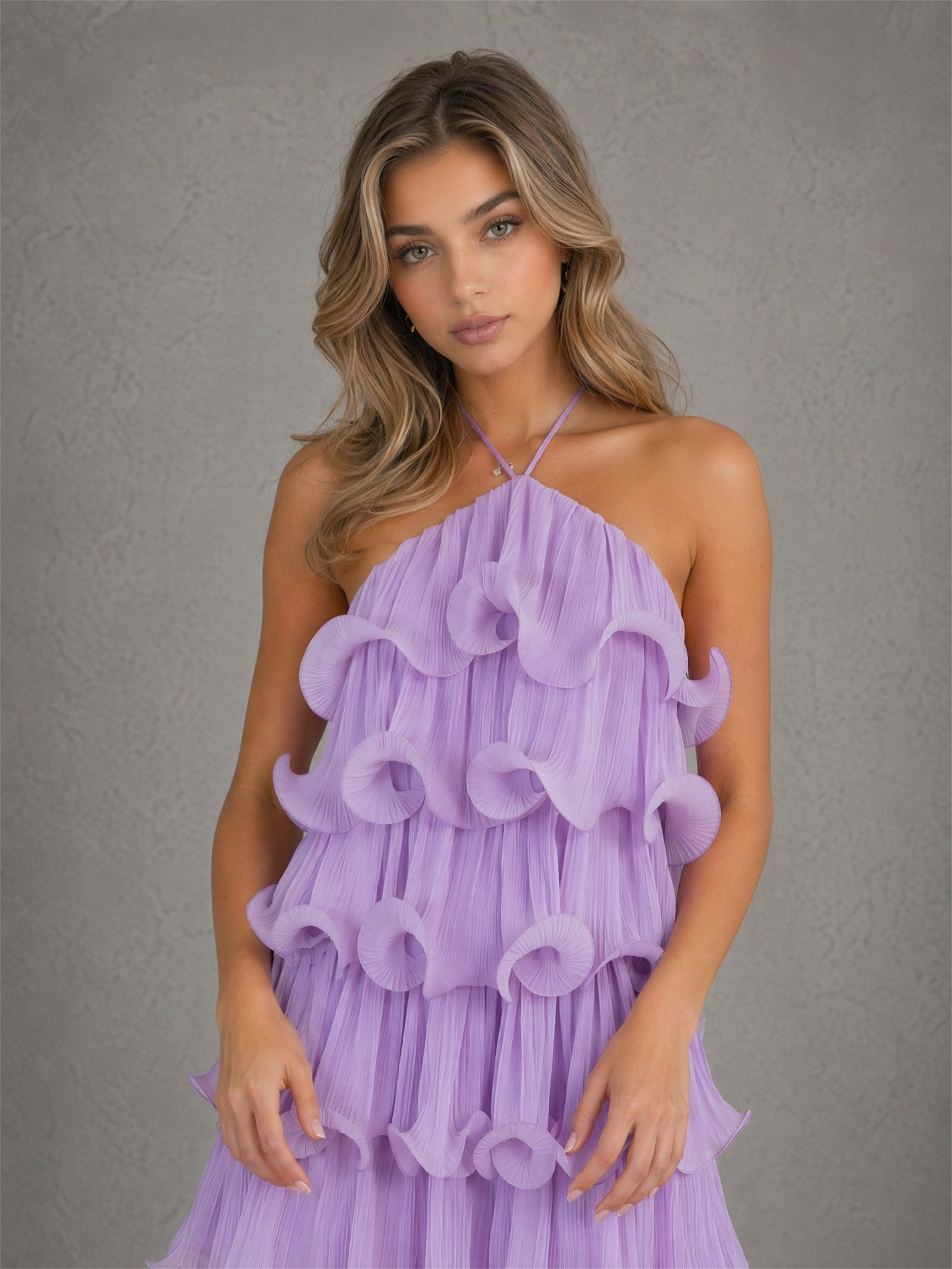 BOLODOO Lavender Pleated Tulle Tiered 3D Ruffle Halter Open Back Mini Dress - Front Upper Body Close-up Ruffle Detail
