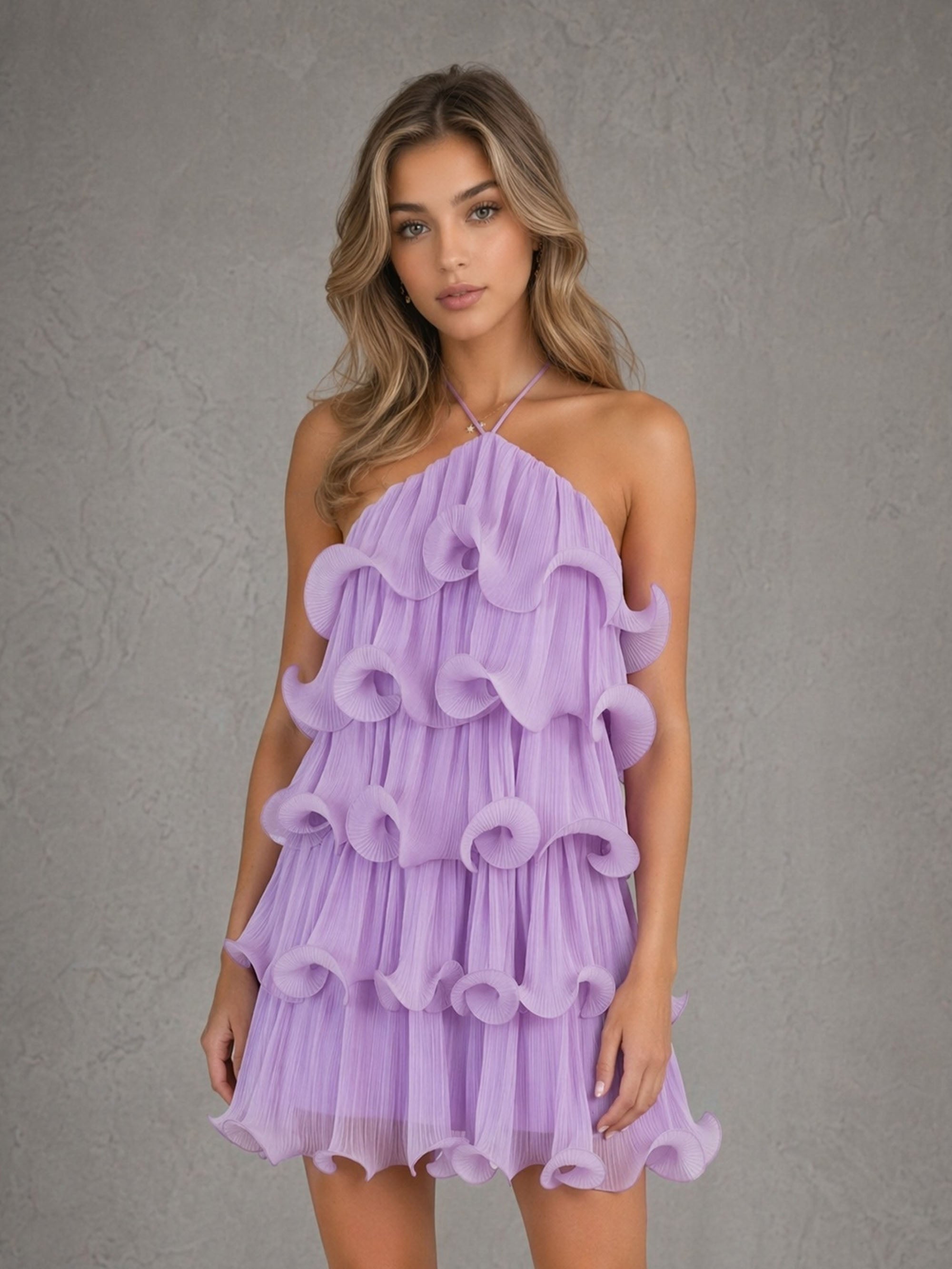 BOLODOO Lavender Pleated Tulle Tiered 3D Ruffle Halter Open Back Mini Dress - Front Full Length Second Angle