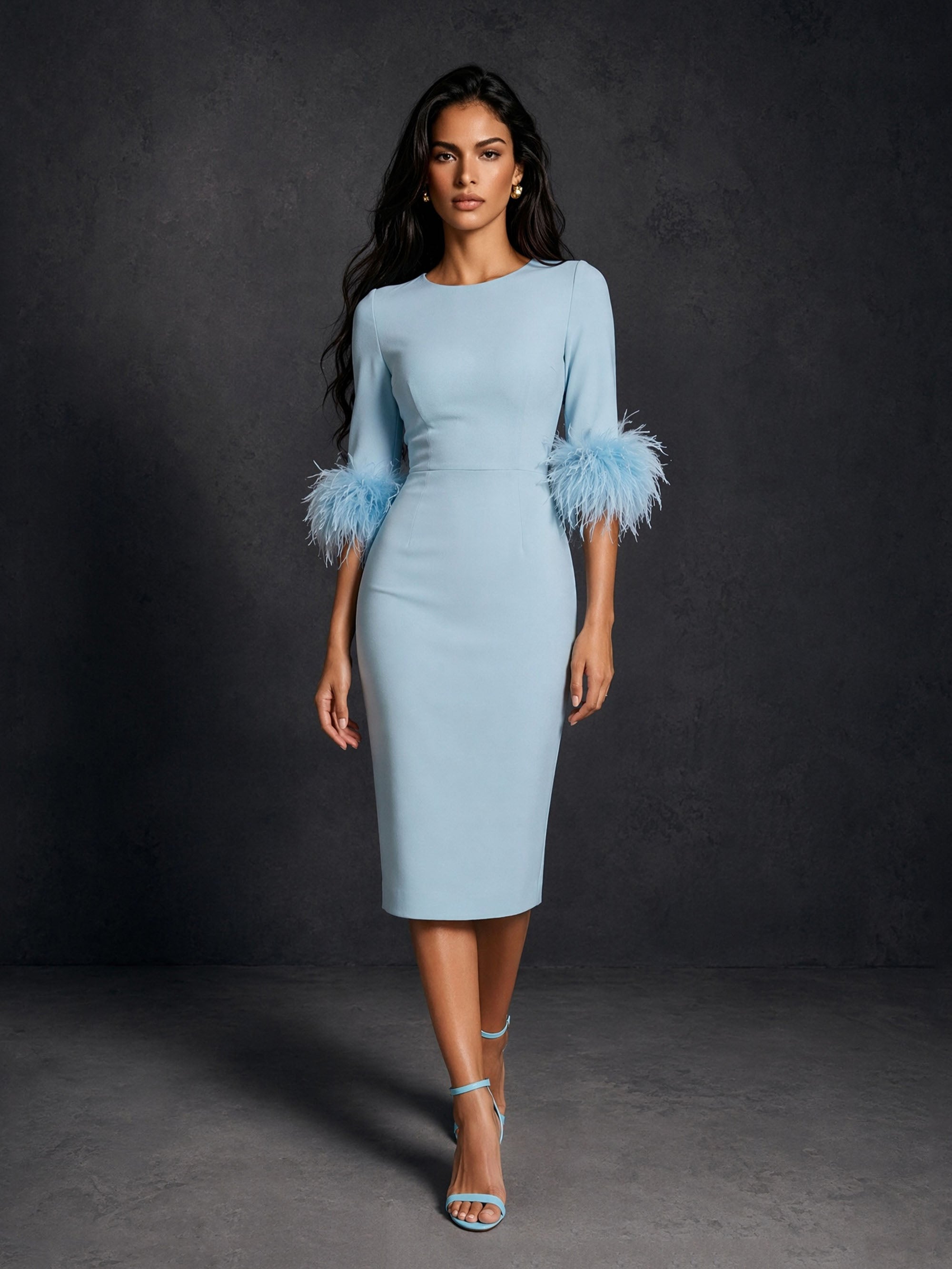 BOLODOO Ice Blue Ostrich Feather Cuff 3/4 Sleeve Bodycon Midi Dress - Front Full Length Standing View