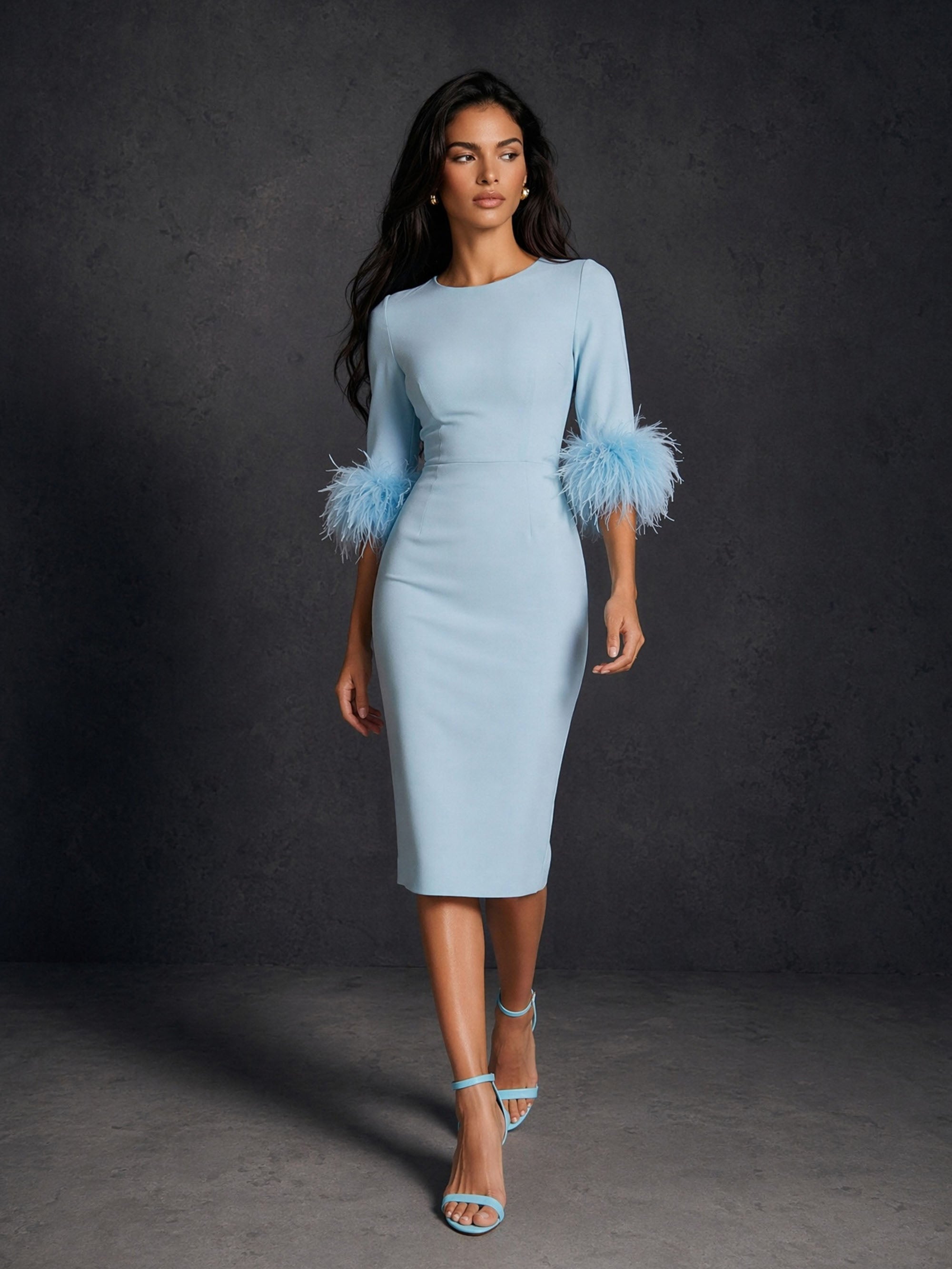 BOLODOO Ice Blue Ostrich Feather Cuff 3/4 Sleeve Bodycon Midi Dress - Front Full Length Walking View