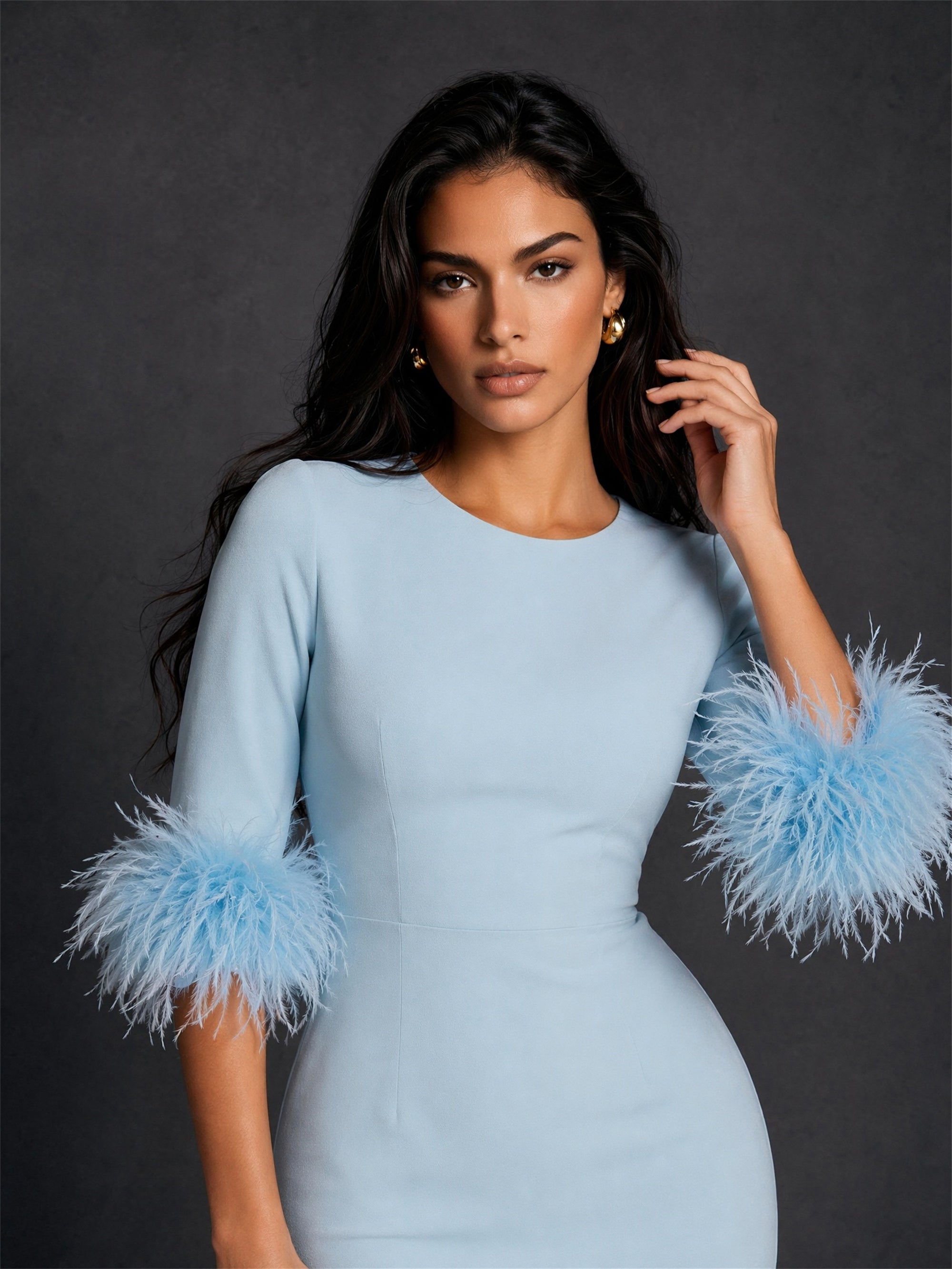BOLODOO Ice Blue Ostrich Feather Cuff 3/4 Sleeve Bodycon Midi Dress - Front Upper Body Close-up Feather Cuff Detail