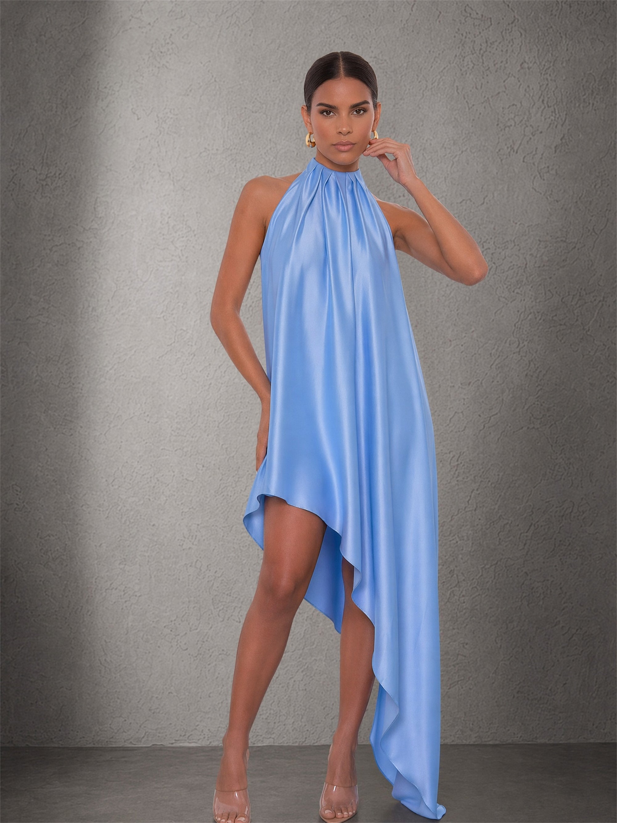 BOLODOO Sky Blue Satin Halter Open Back Hi-Lo Dress - Back View Showing Full Open Back and Self-Tie Bow