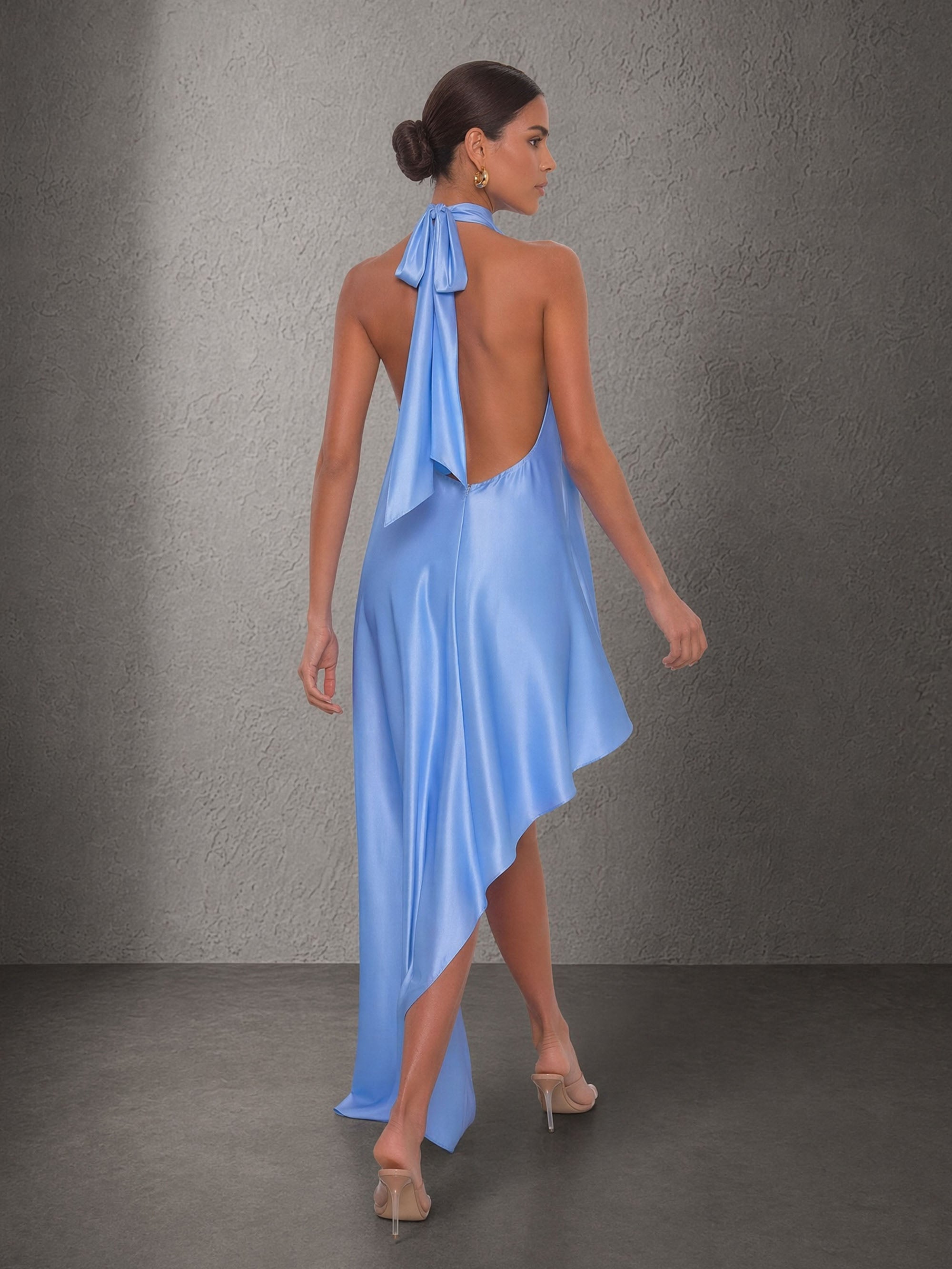 BOLODOO Sky Blue Satin Halter Open Back Hi-Lo Dress - Front Upper Body Close-up Halter Neckline Detail