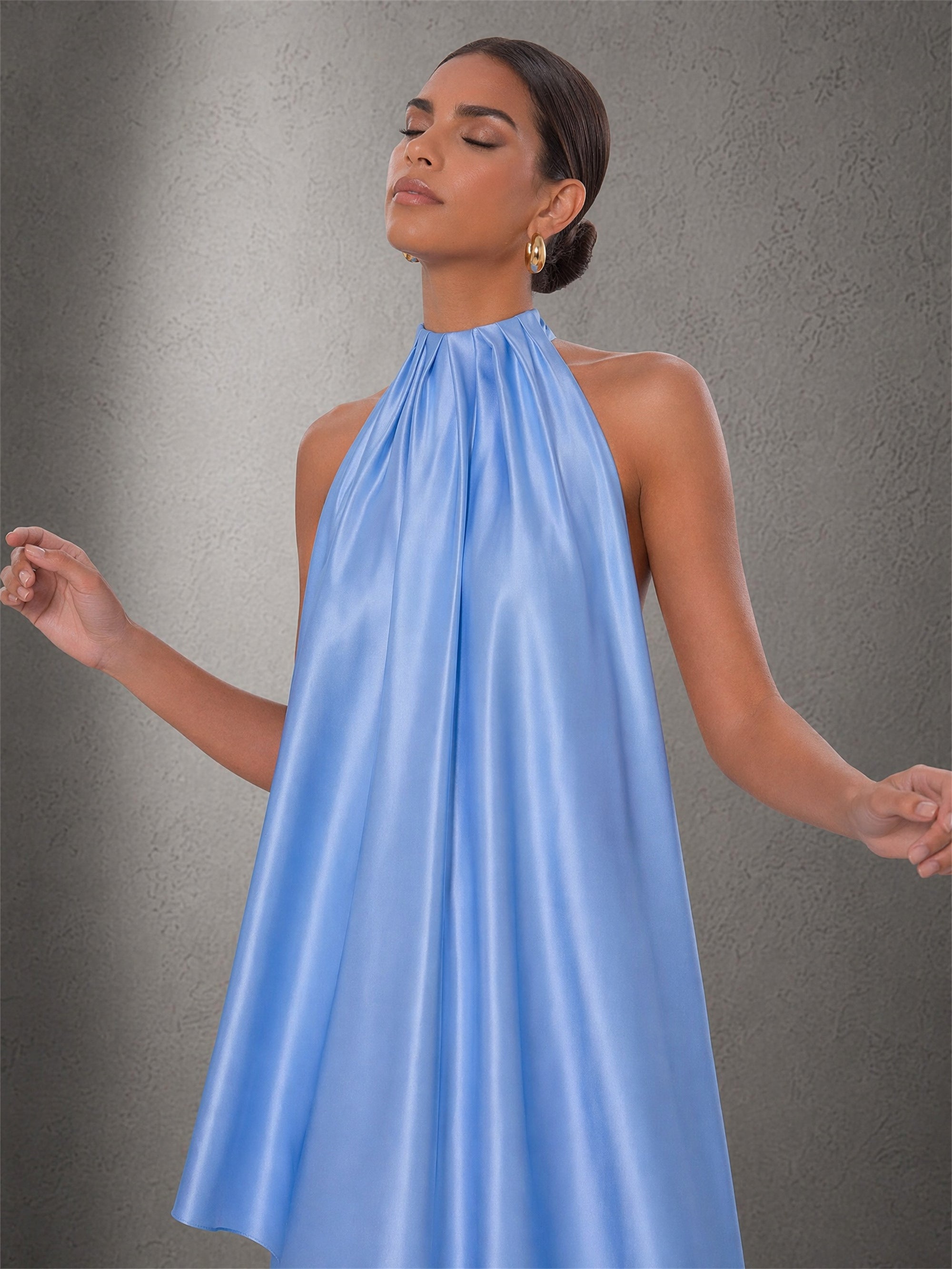 BOLODOO Sky Blue Satin Halter Open Back Hi-Lo Dress - Front Full Length Second Angle