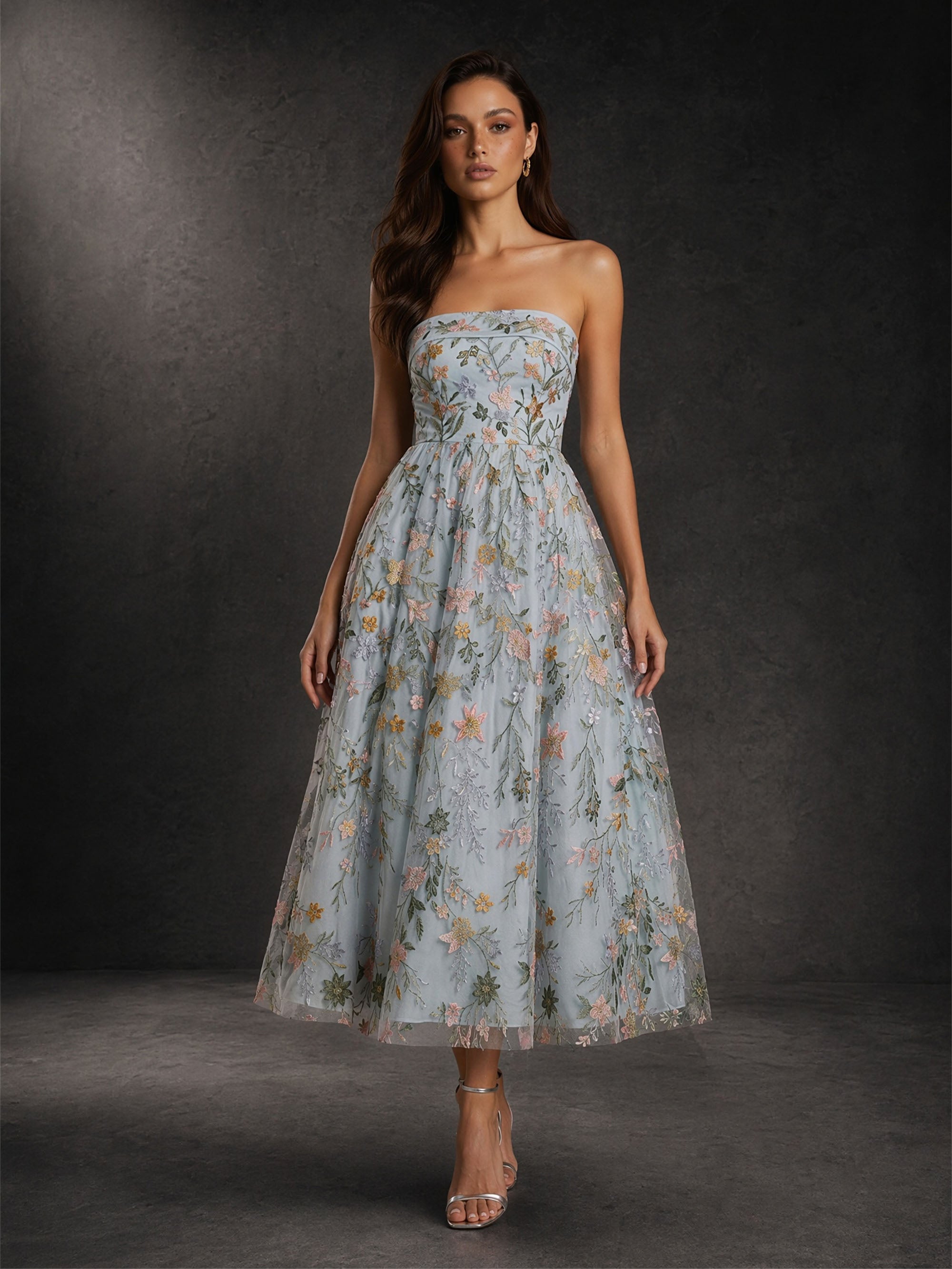 BOLODOO Dusty Blue Floral Embroidered Sequin Tulle Strapless Tea Length Dress - Front Full Length View