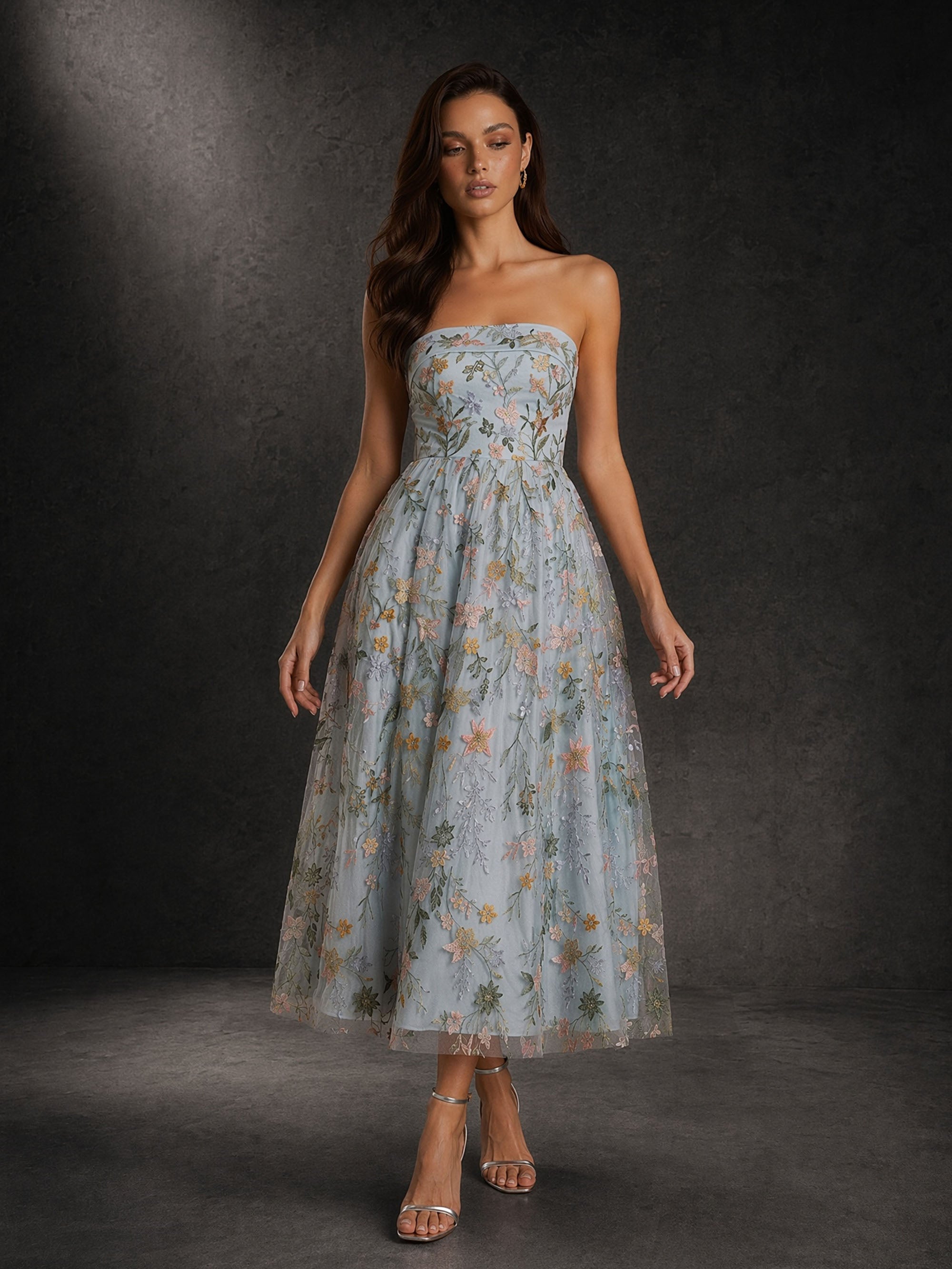 BOLODOO Dusty Blue Floral Embroidered Sequin Tulle Strapless Tea Length Dress - Front Full Length Looking Down View