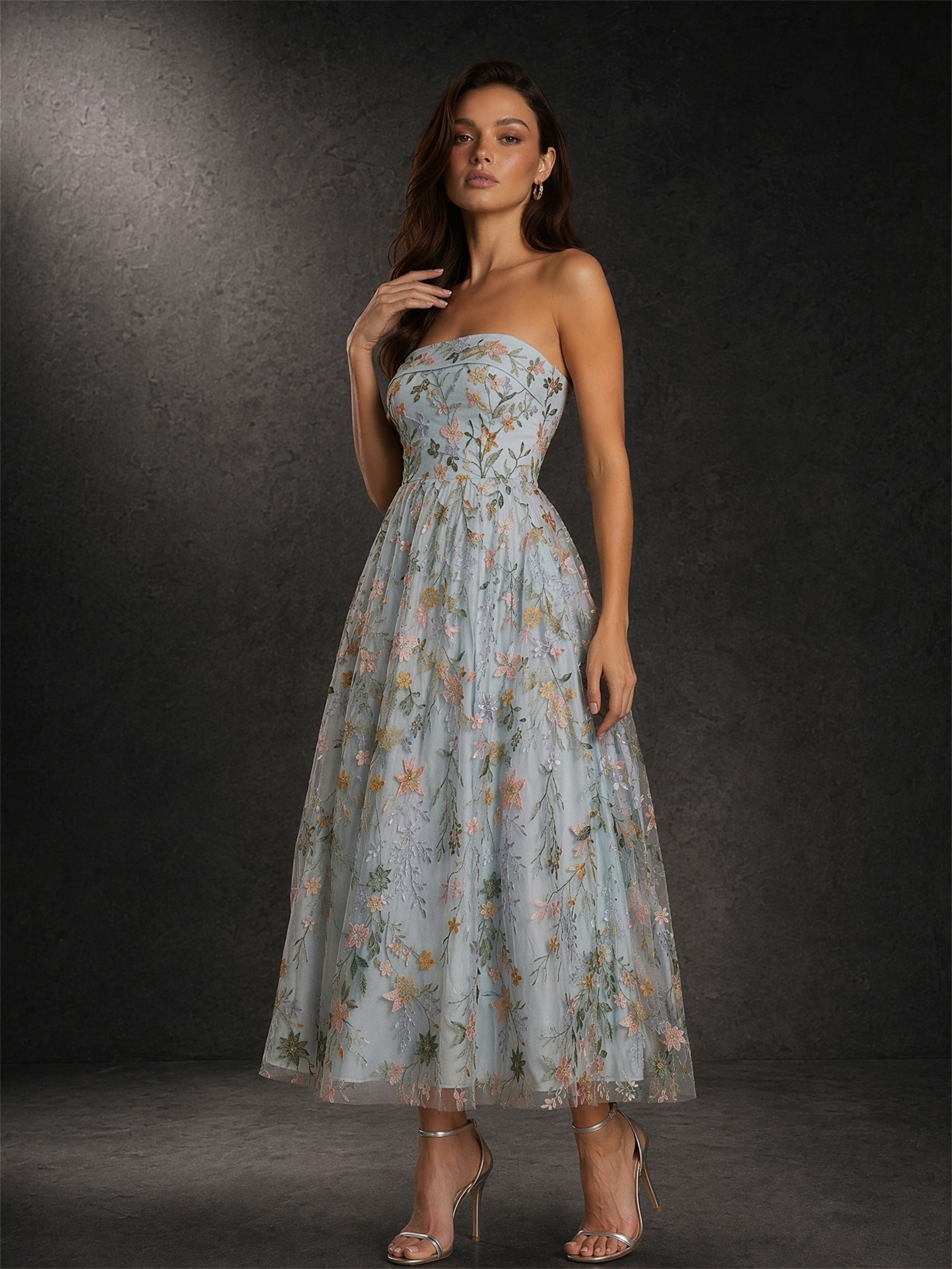 BOLODOO Dusty Blue Floral Embroidered Sequin Tulle Strapless Tea Length Dress - Front Three-Quarter Side View