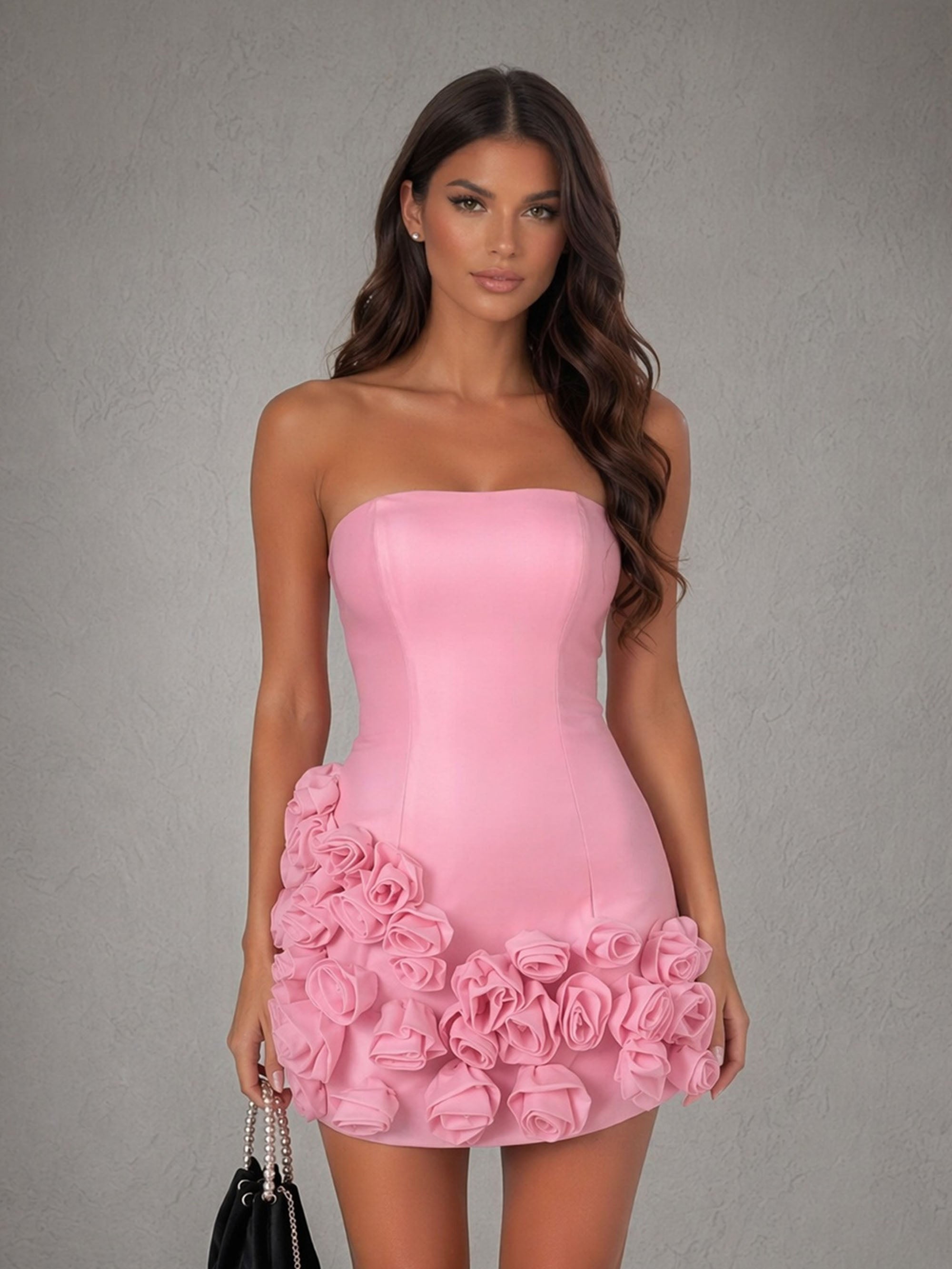 BOLODOO Pink 3D Rose Floral Strapless Mini Dress - Front Close-up Bodice and Floral Detail