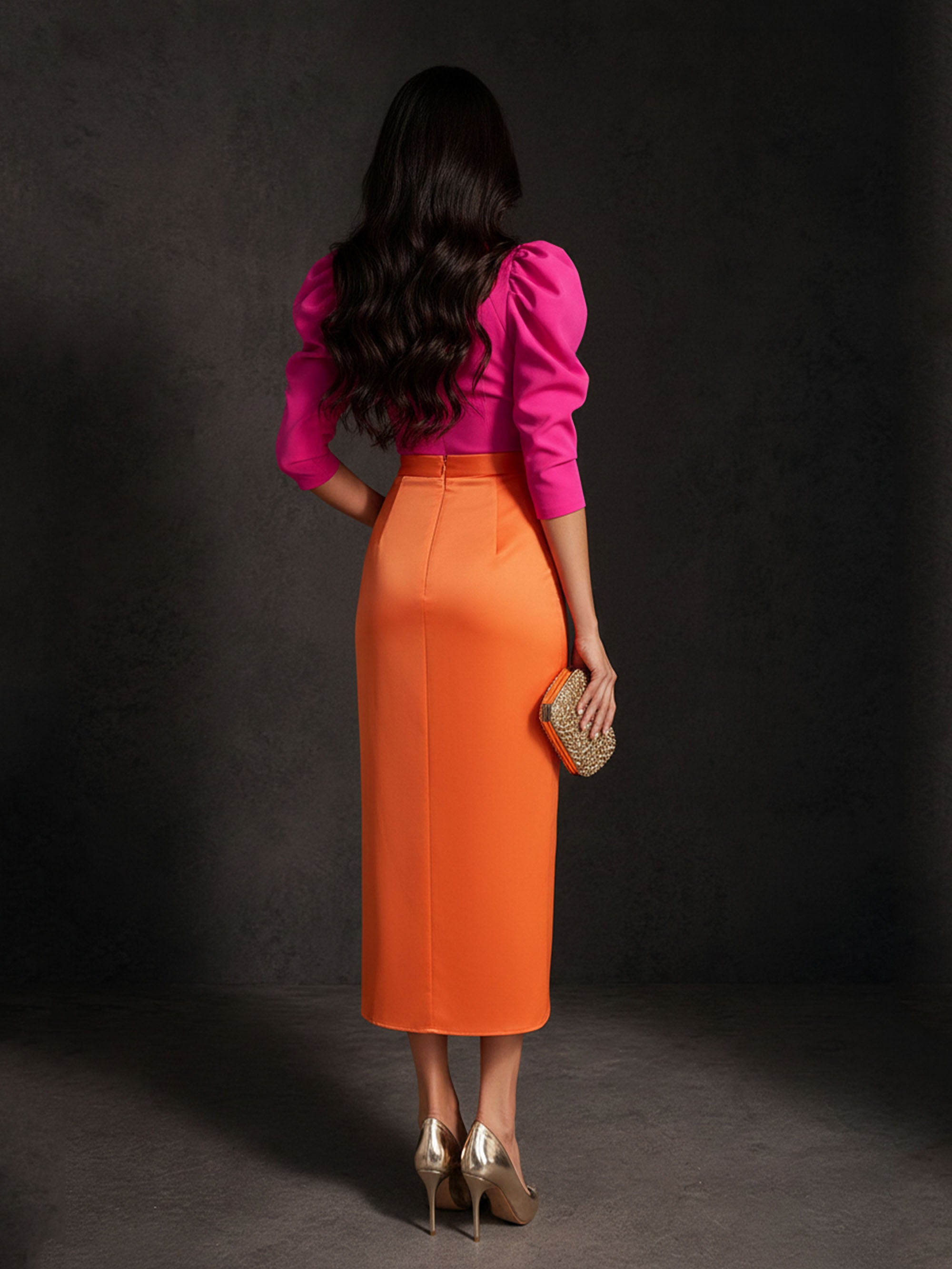 BOLODOO Hot Pink Orange Colorblock Puff Sleeve Two-Piece Midi Set - Back View Showing Puff Sleeves and Midi Skirt