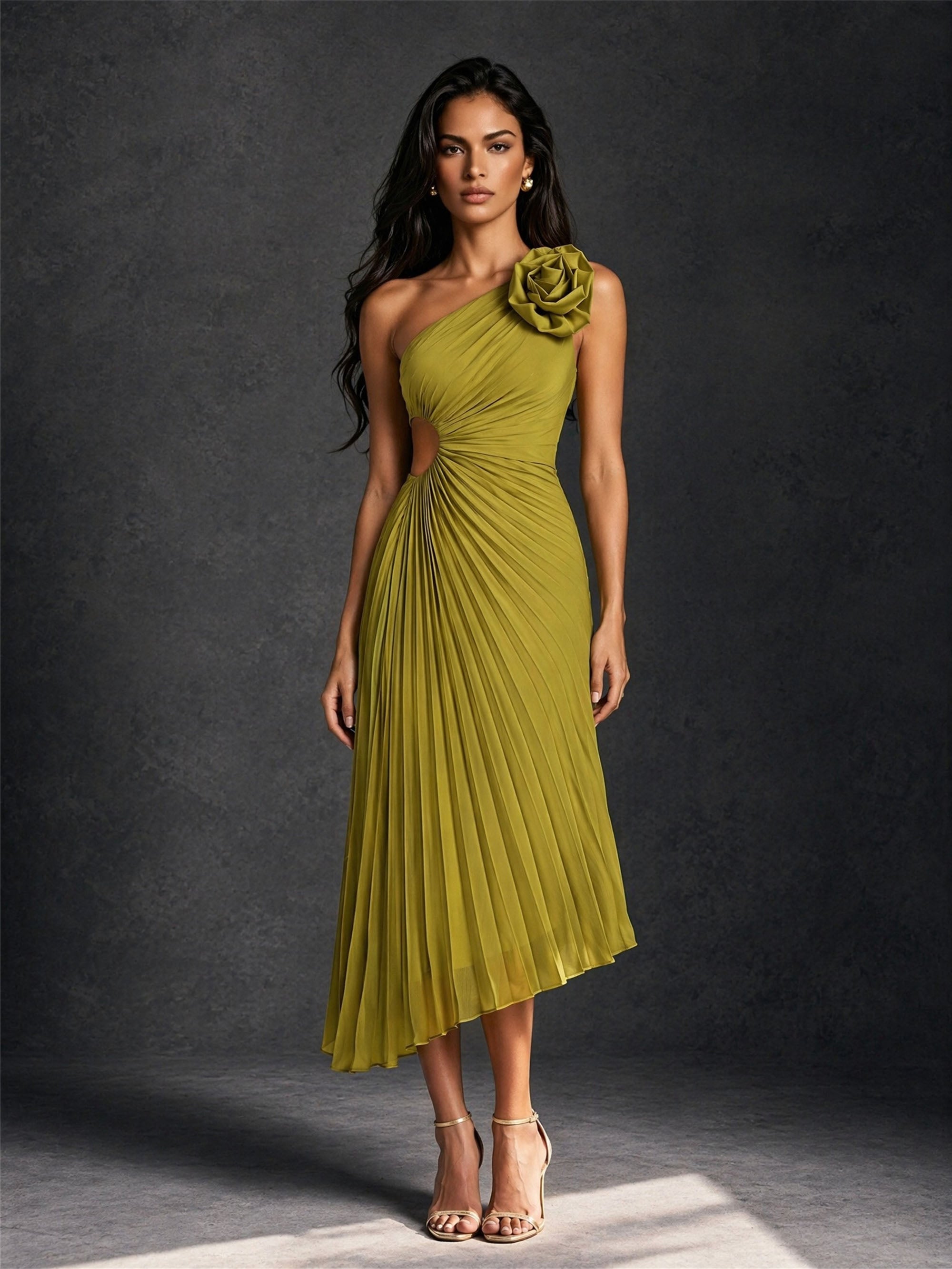 BOLODOO Olive Green One Shoulder 3D Rose Cutout Pleated Tea Length Midi Dress - Front Close-up Shoulder and Rose Detail