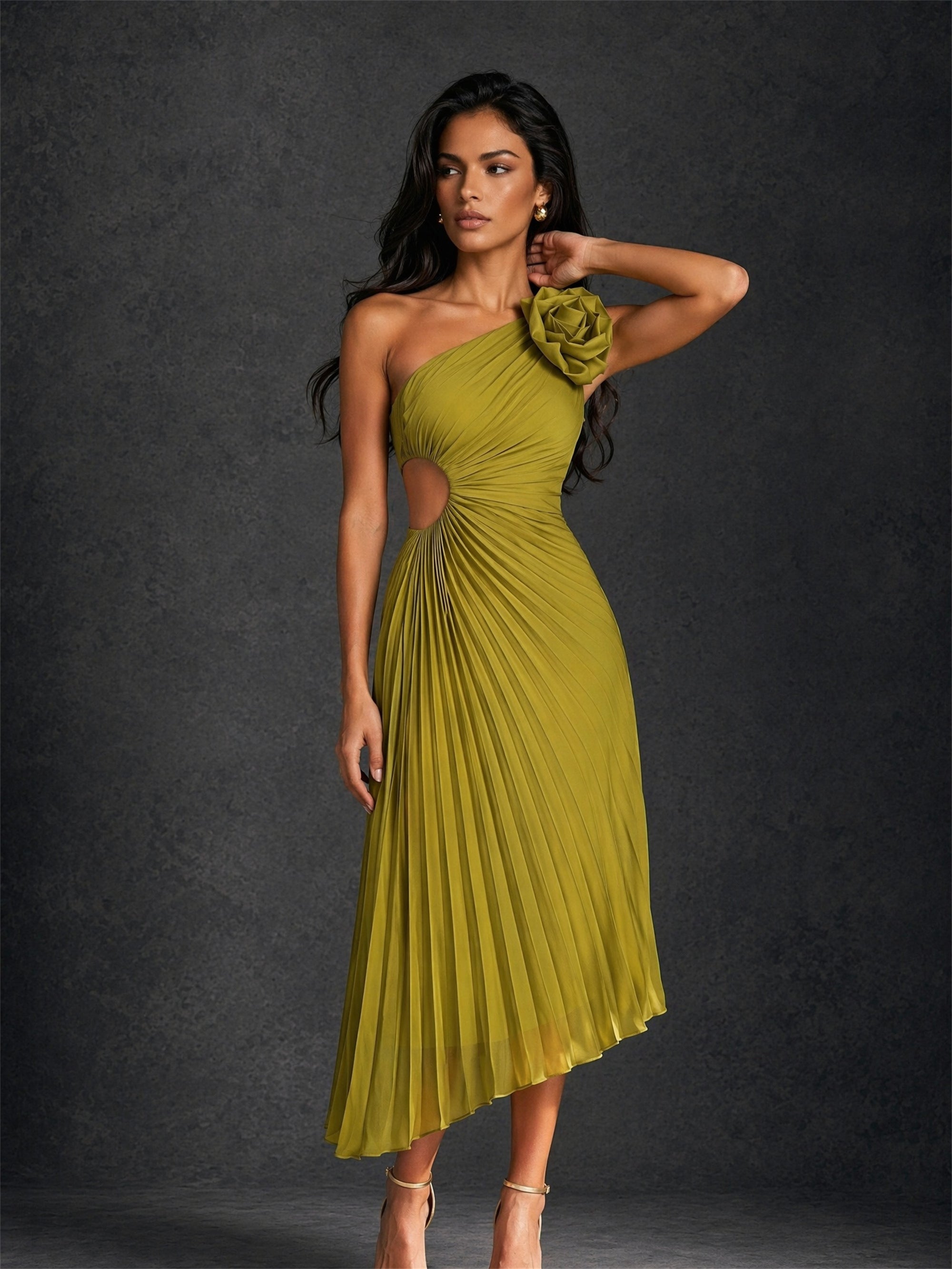 BOLODOO Olive Green One Shoulder 3D Rose Cutout Pleated Tea Length Midi Dress - Front Full Length Standing View
