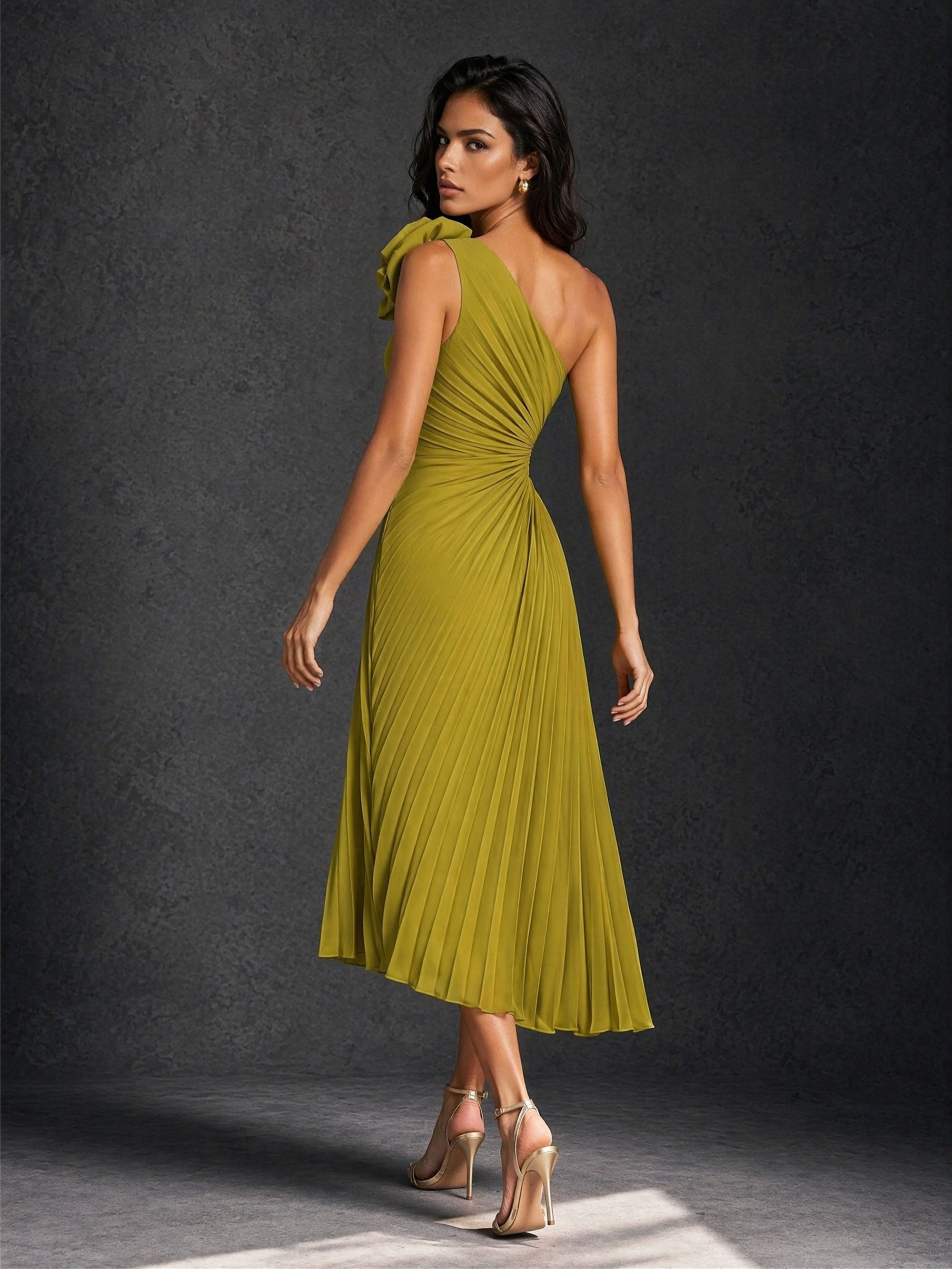 BOLODOO Olive Green One Shoulder 3D Rose Cutout Pleated Tea Length Midi Dress - Front Full Length Side Hand View