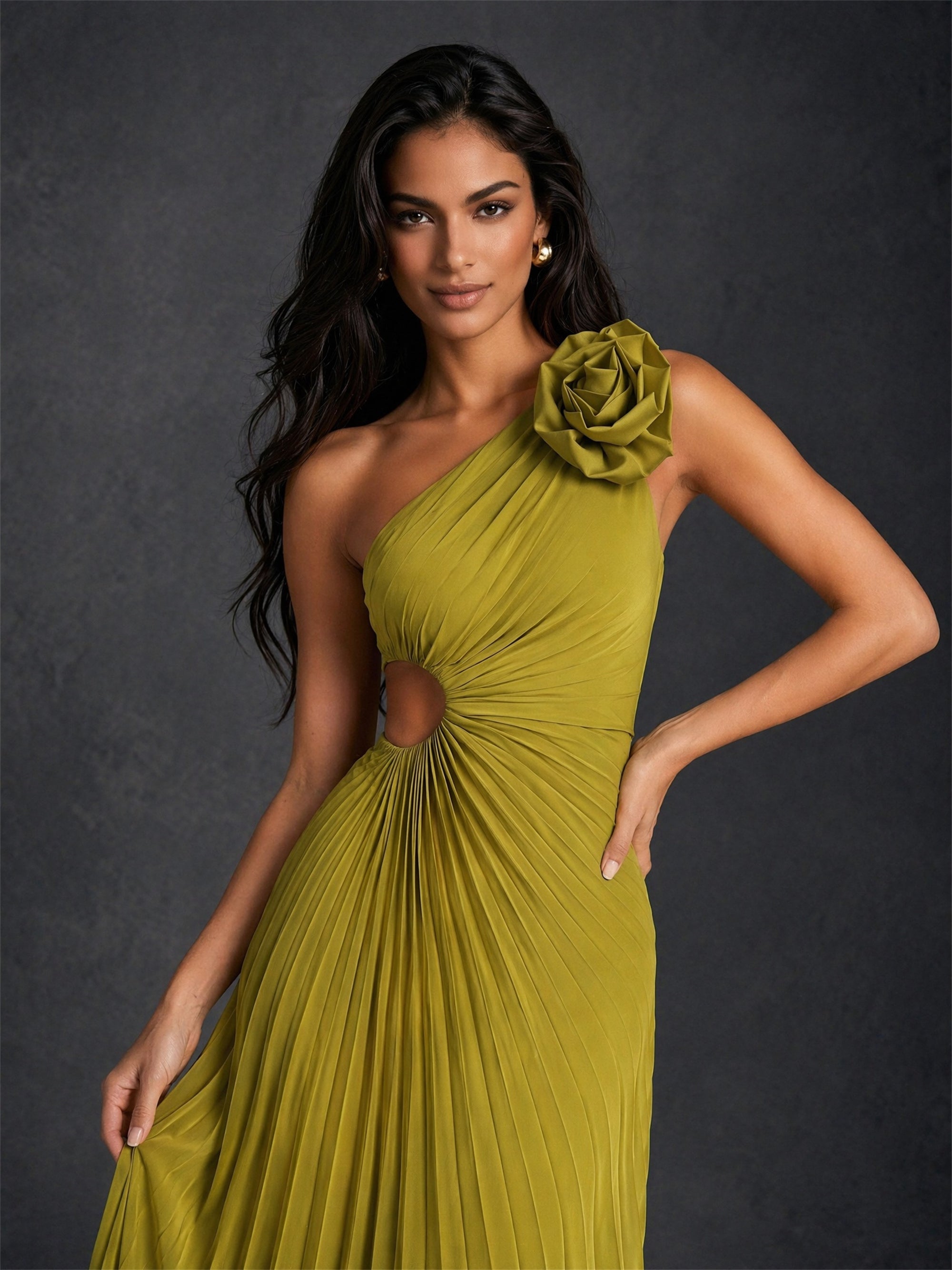 BOLODOO Olive Green One Shoulder 3D Rose Cutout Pleated Tea Length Midi Dress - Back View Showing Pleated Skirt