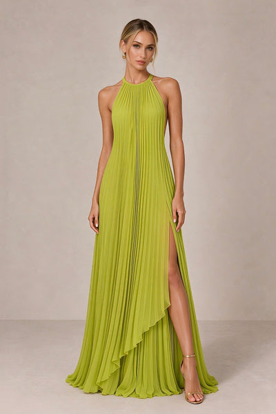 BOLODOO Chartreuse Halter Neck Pleated Chiffon Maxi Dress with Side Slit 