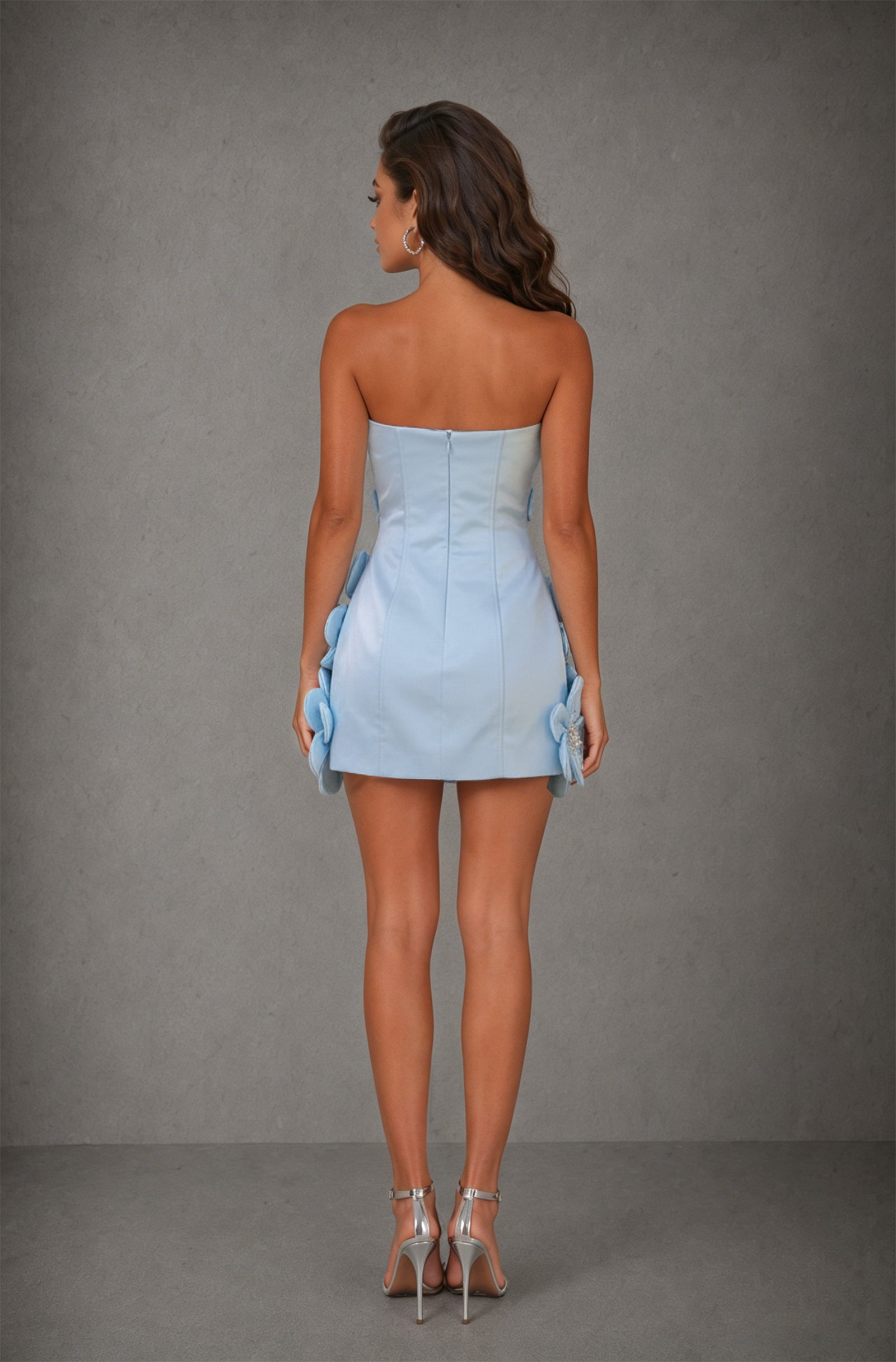 BOLODOO Blue 3D Floral Strapless Mini Dress with Crystal Embellishments