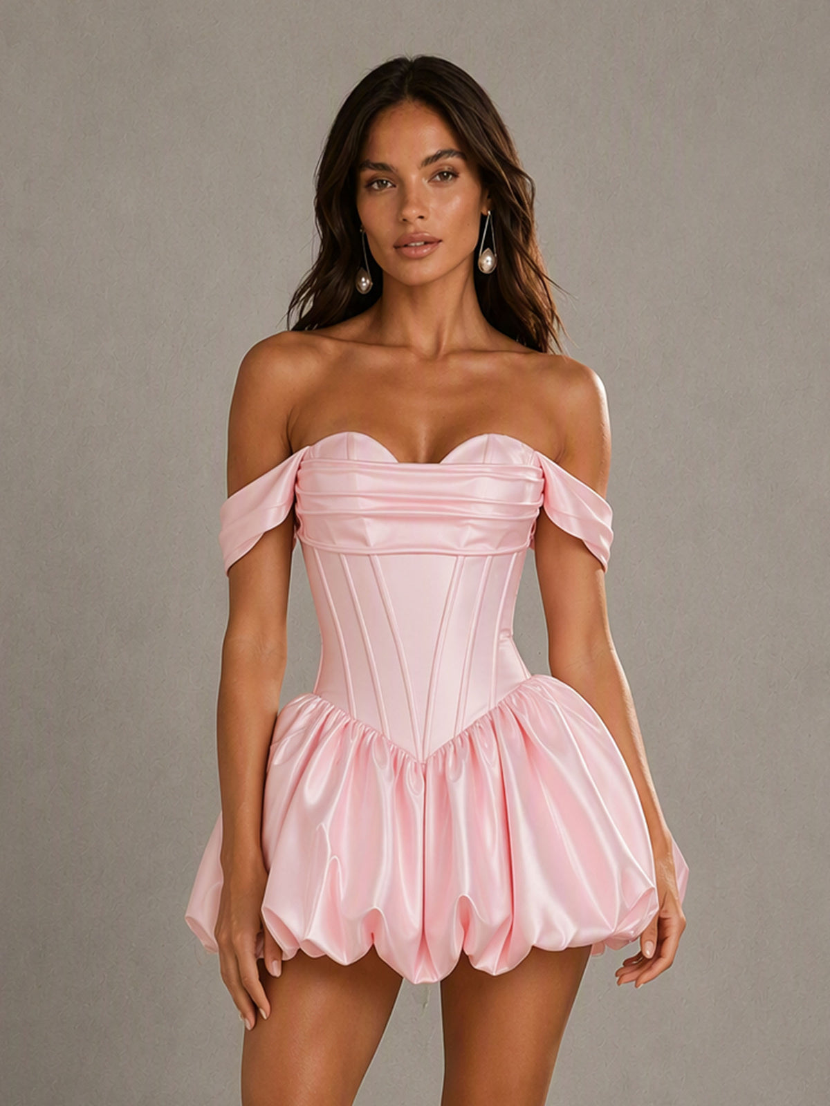 BOLODOO Blush Pink Satin Corset Bubble Mini Dress - Back View Lace-Up Detail