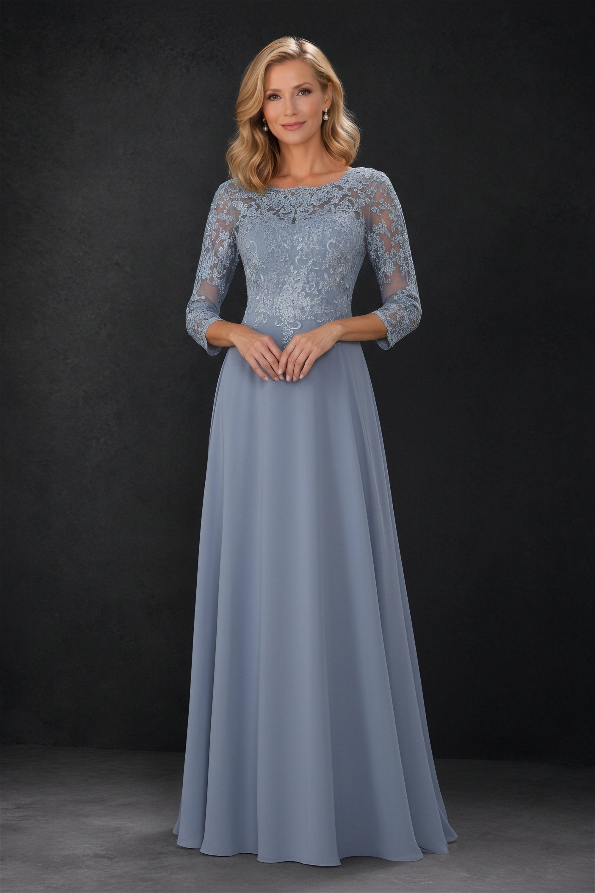BOLODOO Dusty Blue Lace Embroidered Mother of the Bride Dress with 3/4 Sleeves
