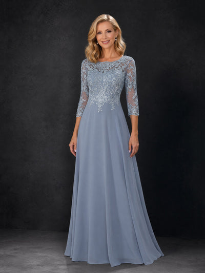 BOLODOO Dusty Blue Lace Embroidered Mother of the Bride Dress with 3/4 Sleeves
