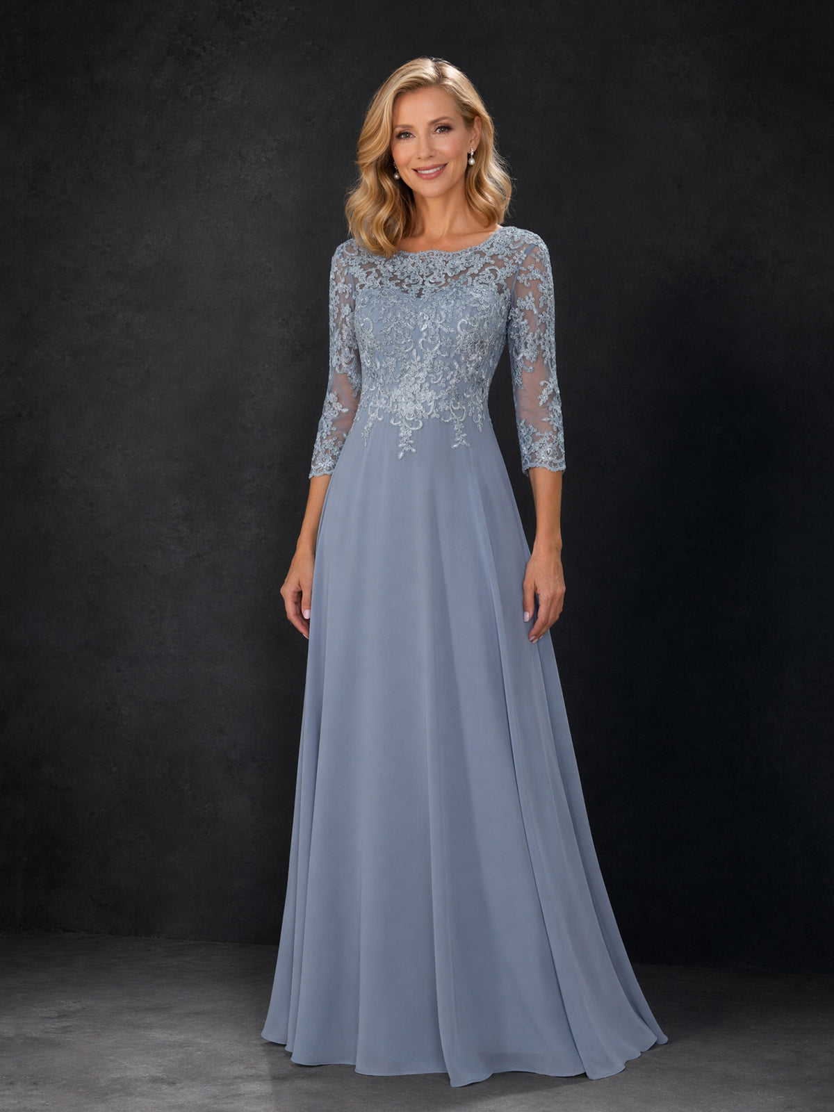 BOLODOO Dusty Blue Lace Embroidered Mother of the Bride Dress with 3/4 Sleeves