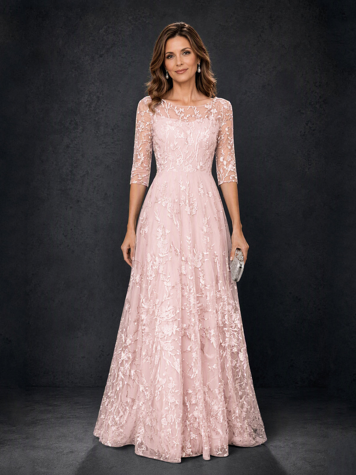 BOLODOO MX007 Blush Pink Illusion Bateau Neck 3/4 Sleeve Floral Vine Lace A-Line Mother of the Bride Dress - Low V-Back Detail View