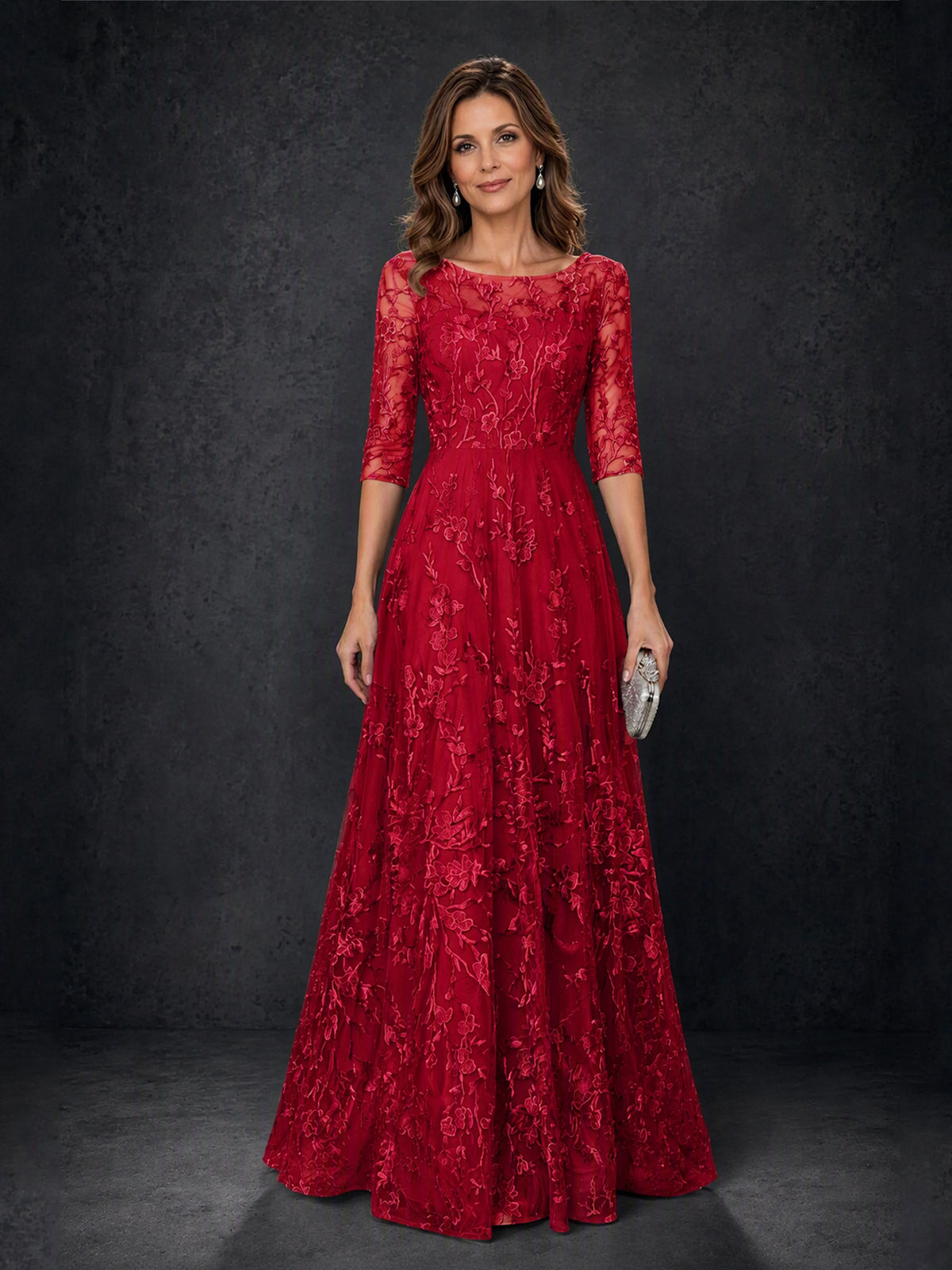 BOLODOO MX007 Burgundy Illusion Bateau Neck 3/4 Sleeve Floral Vine Lace A-Line Mother of the Bride Dress Low V-Back - Front Full Length View