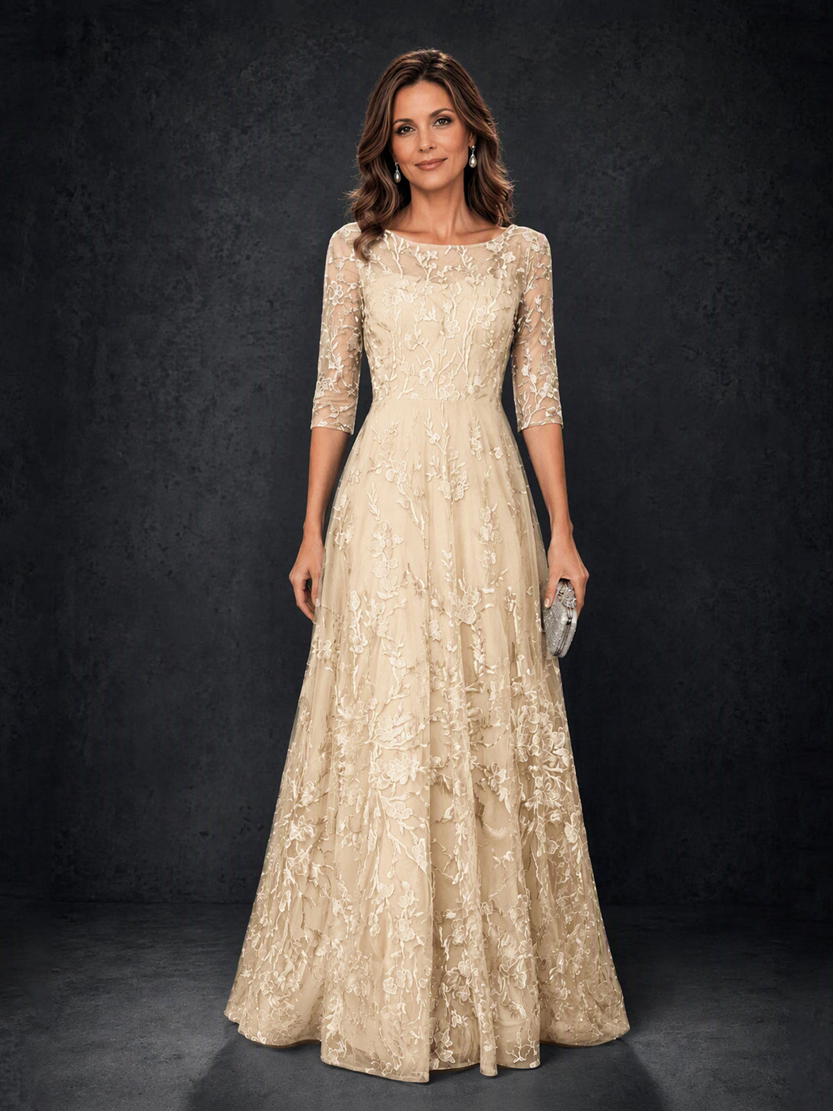 BOLODOO MX007 Champagne Gold Illusion Bateau Neck 3/4 Sleeve Floral Vine Lace A-Line Mother of the Bride Dress - Front Full Length Fourth Angle View