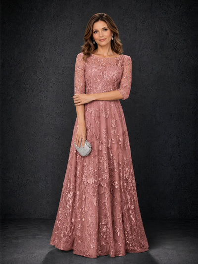 BOLODOO MX007 Dusty Rose Illusion Bateau Neck 3/4 Sleeve Floral Lace A-Line Mother of the Bride Dress - Front Full Length Floral Lace Detail View