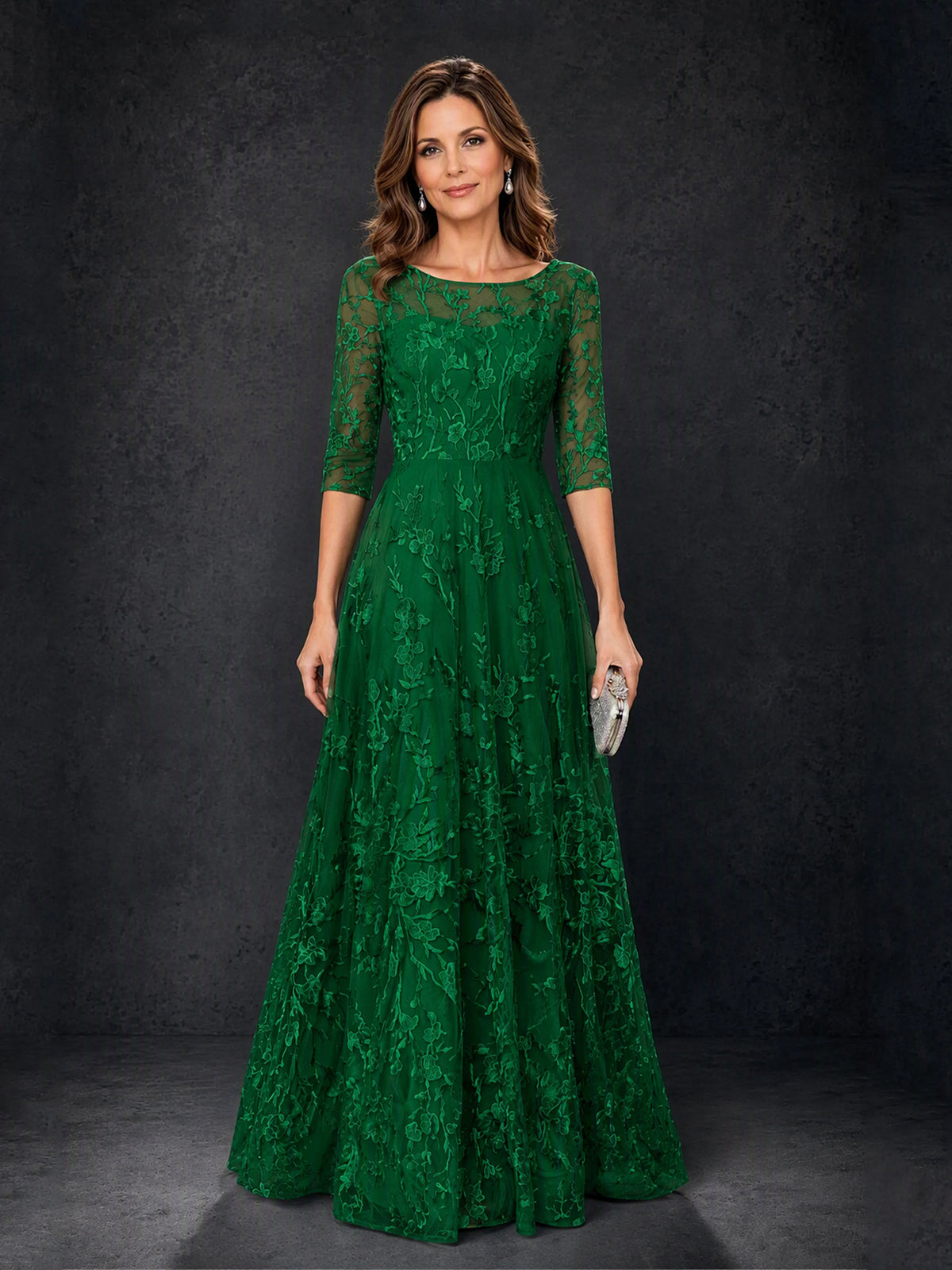 BOLODOO MX007 Emerald Green Illusion Bateau Neck 3/4 Sleeve Floral Vine Lace A-Line Mother of the Bride Dress - Front Full Length Fourth Angle View