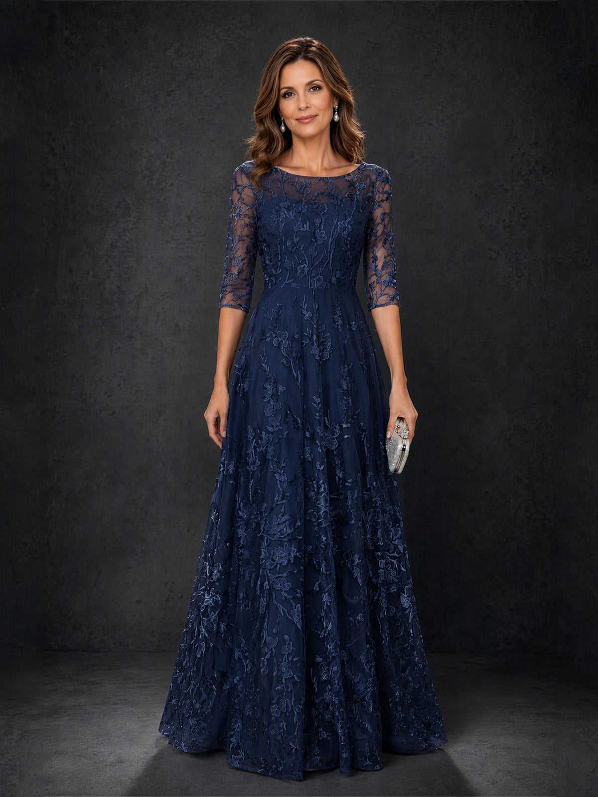 BOLODOO MX007 Navy Blue Illusion Bateau Neck 3/4 Sleeve Floral Vine Lace A-Line Mother of the Bride Dress - Front Full Length Fourth Angle View