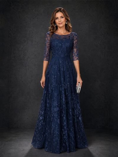 BOLODOO MX007 Navy Blue Illusion Bateau Neck 3/4 Sleeve Floral Vine Lace A-Line Mother of the Bride Dress - Front Full Length Fourth Angle View