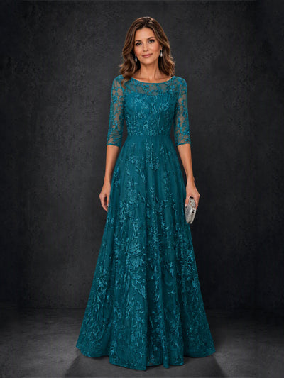 BOLODOO MX007 Teal Illusion Bateau Neck 3/4 Sleeve Floral Vine Lace A-Line Mother of the Bride Dress - Front Full Length View
