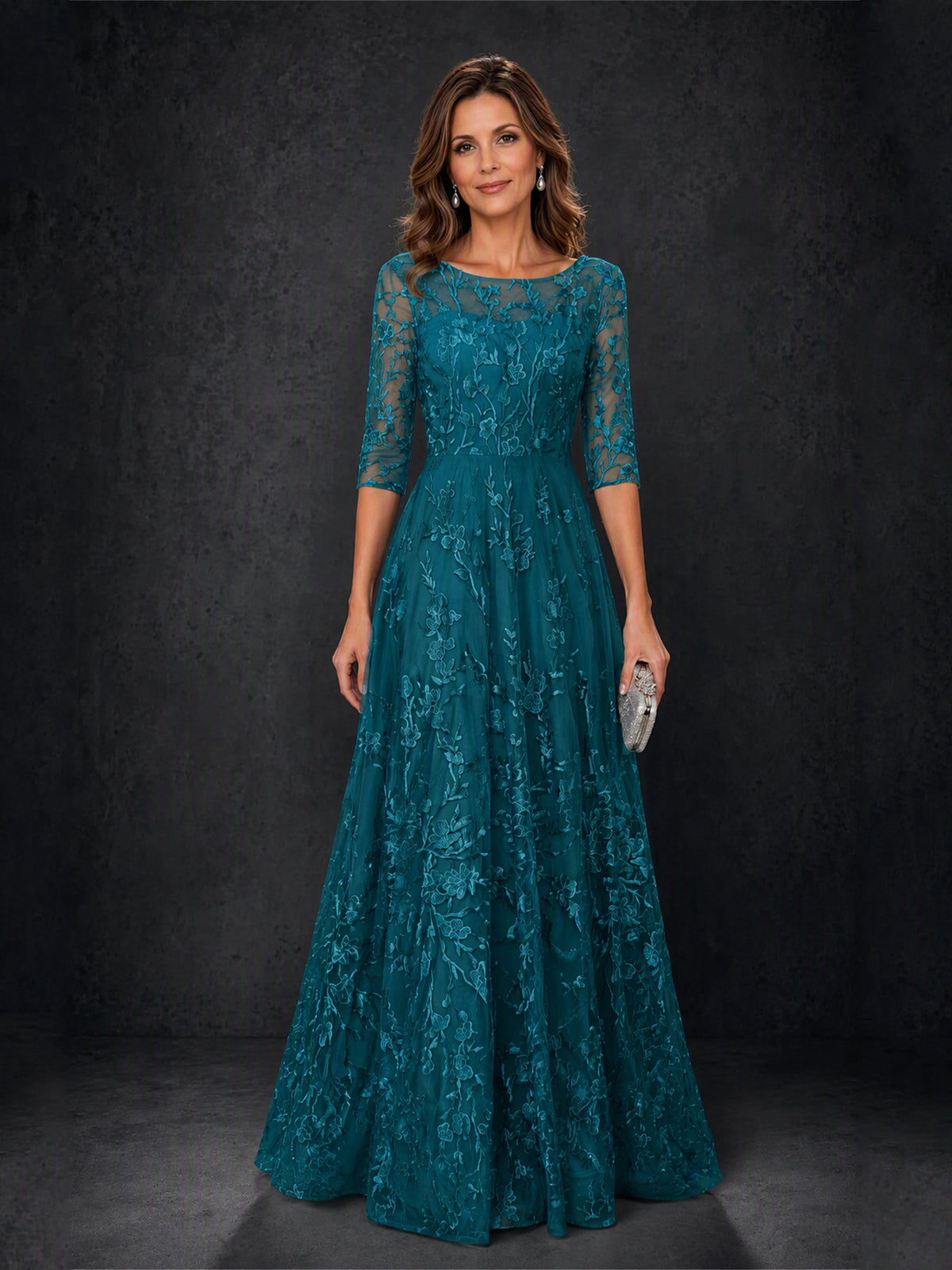 BOLODOO MX007 Teal Illusion Bateau Neck 3/4 Sleeve Floral Vine Lace A-Line Mother of the Bride Dress - Front Full Length View