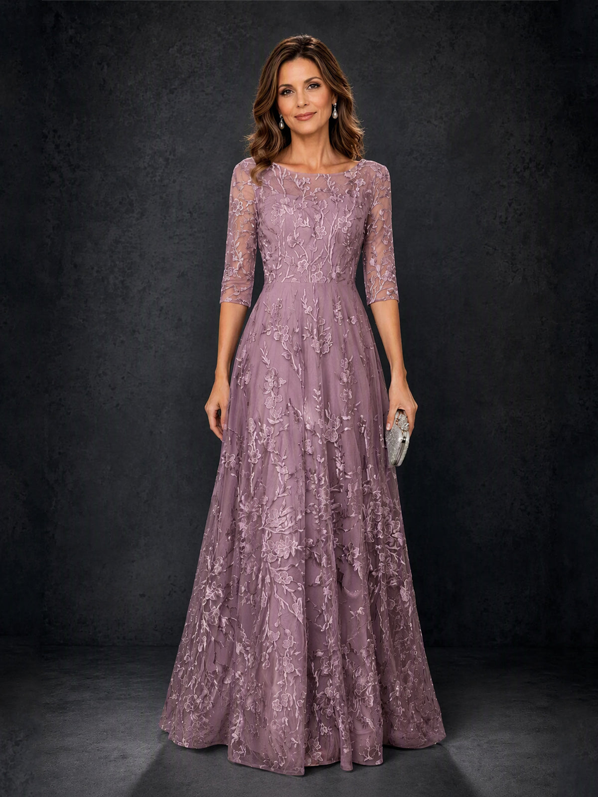 BOLODOO MX007 Wisteria Illusion Bateau Neck 3/4 Sleeve Floral Lace A-Line Mother of the Bride Dress - Front Full Length View