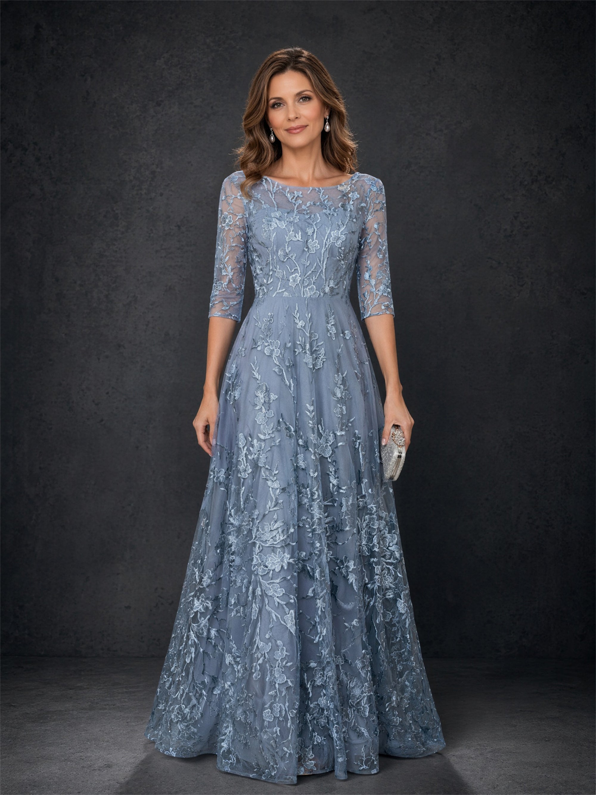 BOLODOO Steel Blue Floral Lace A-Line Mother of the Bride Dress with 3/4 Sleeves