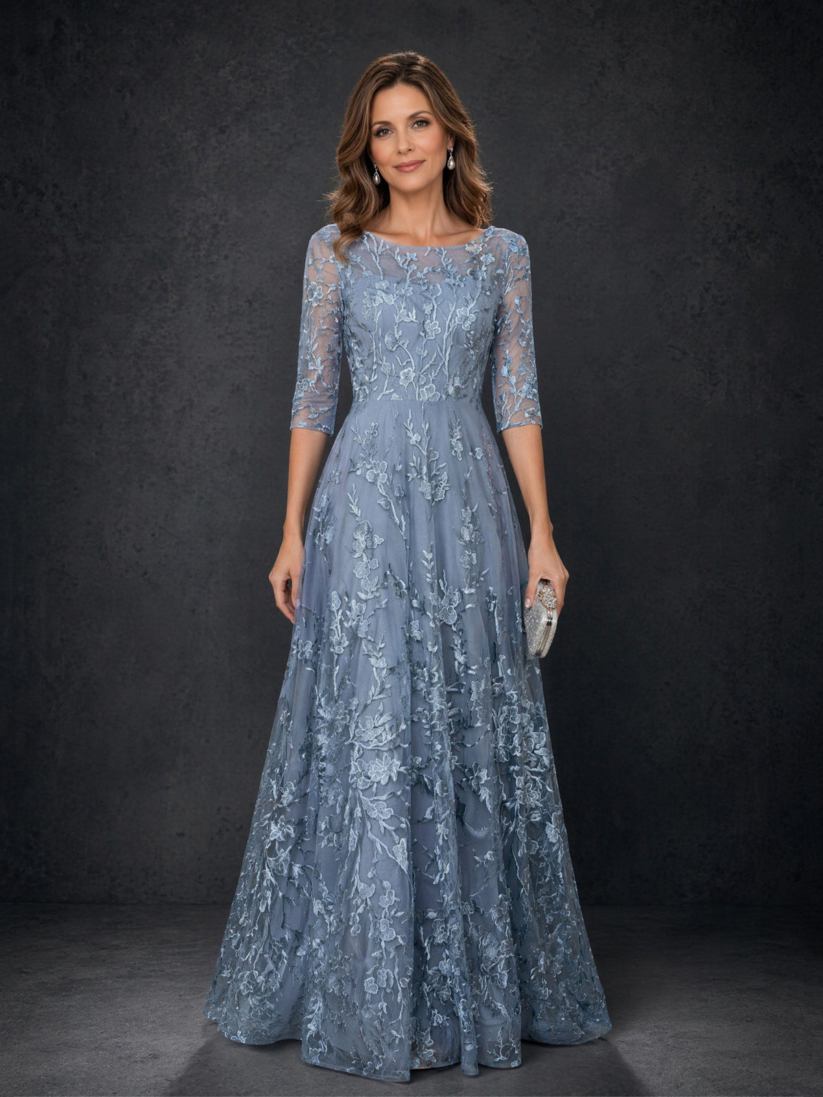 BOLODOO Steel Blue Floral Lace A-Line Mother of the Bride Dress with 3/4 Sleeves