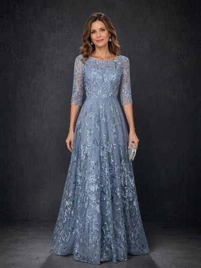 BOLODOO Steel Blue Floral Lace A-Line Mother of the Bride Dress with 3/4 Sleeves