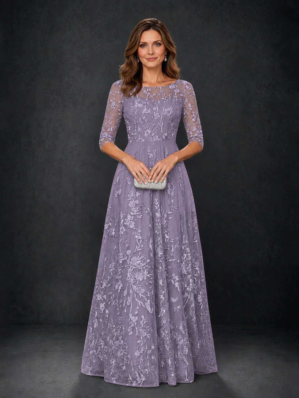 BOLODOO MX007 Illusion Bateau Neck 3/4 Sleeve Floral Lace A-Line Mother of the Bride Dress MX007 - MX007新增